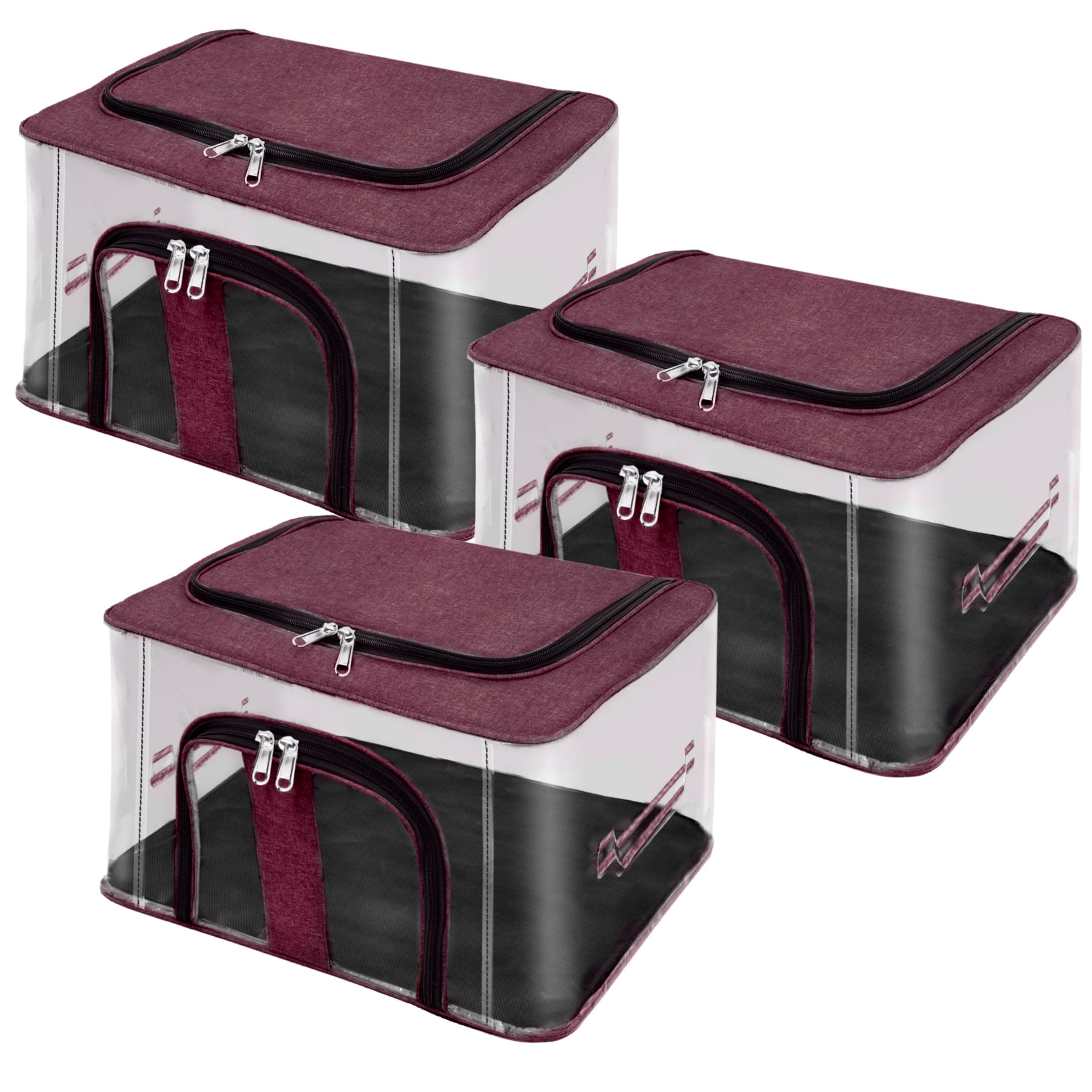 Storite 3 Pack Nylon 33 L PVC Transparent Storage box for Clothes | Moisture Proof Wardrobe Organizer for Clothes Saree Bags with Carry Handle (Vivid Red, 44L x 31W x 24H cm)