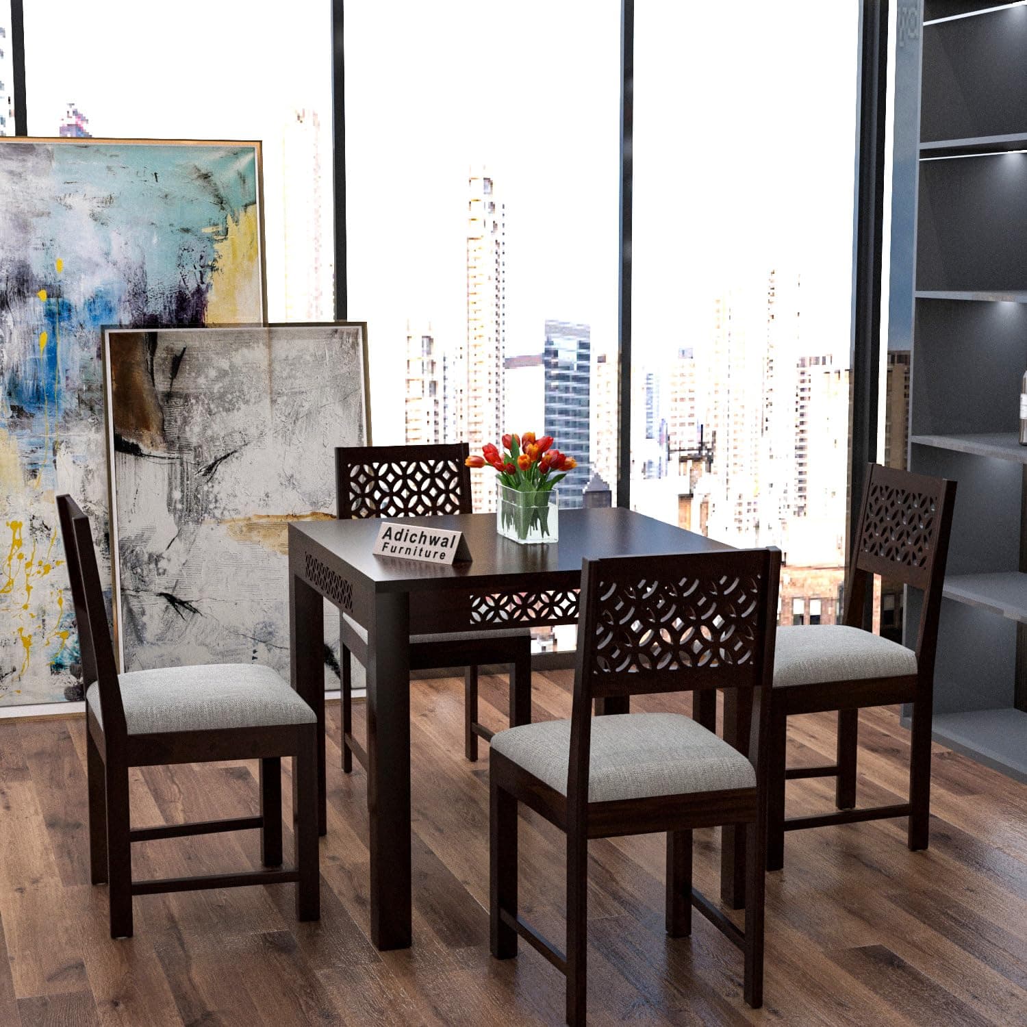 Adichwal Furniture Solid Sheesham Wood 4 Seater Dining Table Set with Cushioned Chairs for Dining Room | Living Room | Home & Office | Hotels Restaurant & Cafe (4 Seater, Walnut A)