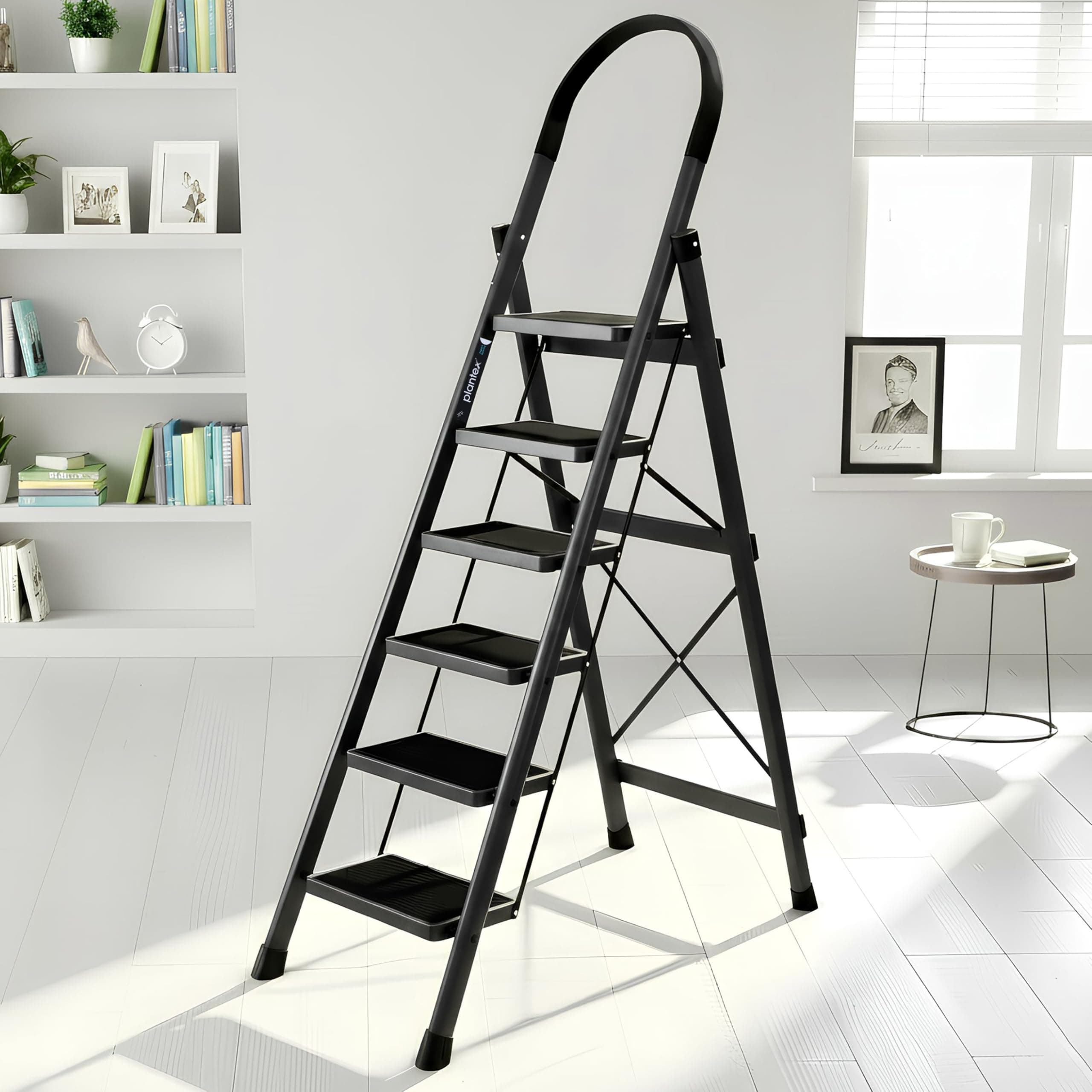 Plantex Ladder for Home 6 Steps/Foldable Ladder with Anti-Skid Wide Steps (30L x 20W cm)/Strong D-Shape Pipe with X-Shape for More Stability/5 Year Warranty(Apex-Black)