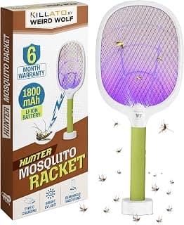 Weird Wolf 2-in-1 Mosquito Killer Racket with UV Light, Base Stand | | 1800mAh Lithium Battery | Electric Mosquito Bat with Auto & Manual Mode | Type-C Charging | 6 Months Warranty (Green White)
