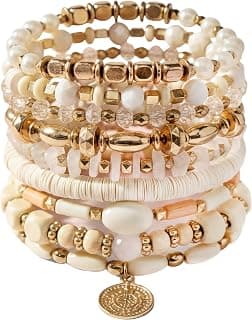 INDIKONB Bohemian Bracelet Set for Women - 9-Piece Combo in Elegant Beige Theme - Stretchable and Stylish Jewelry