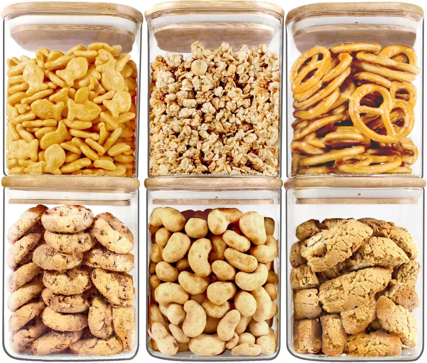 Jinelza Square Wooden Lid, Glass Jar Food Storage Containers Set, Airtight Food Jars with Kids Kitchen Canisters for Sugar, Candy, Cookie, Rice and Spice Jars (800ML SQUARE JAR, 6 PCS) Transparent