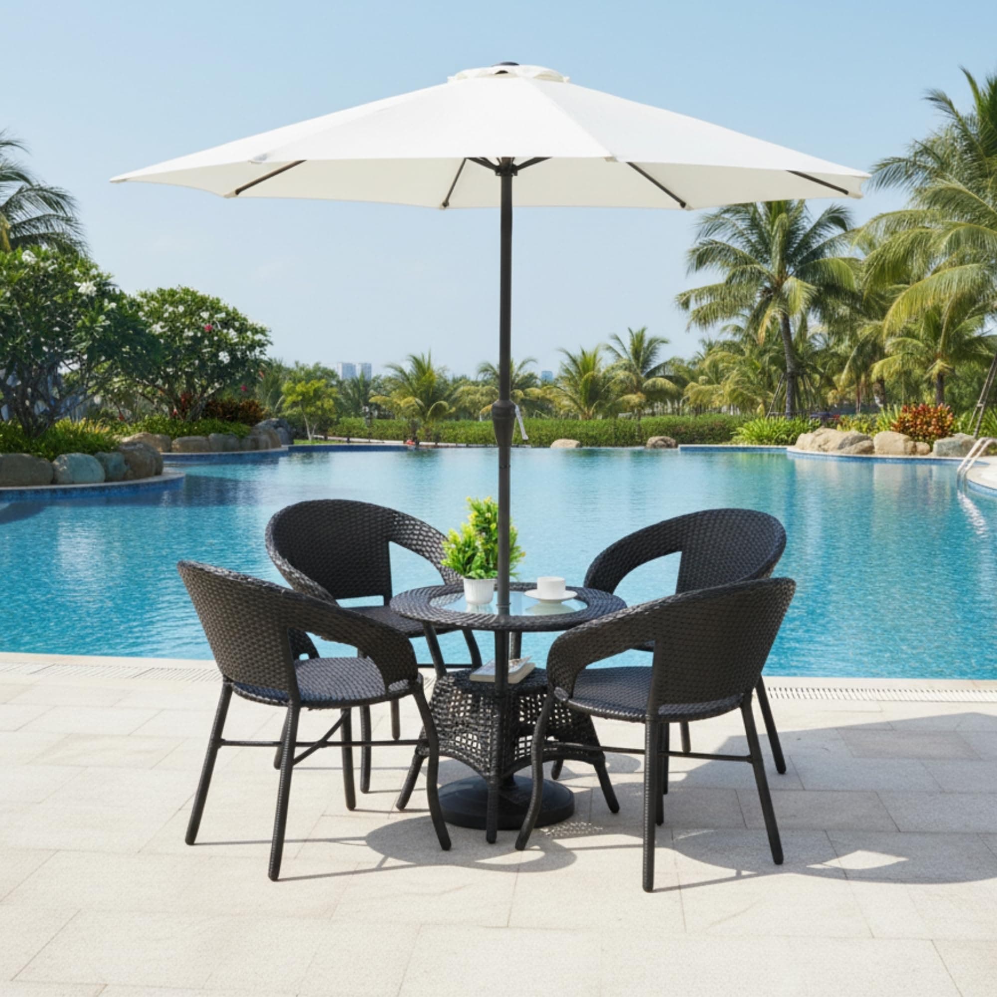 DEVOKO Umbaria 5-Piece Outdoor Rattan Wicker Patio Set with Umbrella for Garden, Backyard, Balcony, Porch, Poolside (Black)