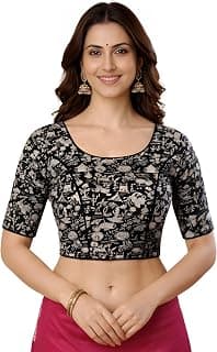 Amazon Brand - Anarva Women’s Printed Cotton Saree Blouse | Traditional Round Neck Elbow Sleeve Princess Cut Piping Blouse for Women | Ethnic Readymade Strechable Blouse