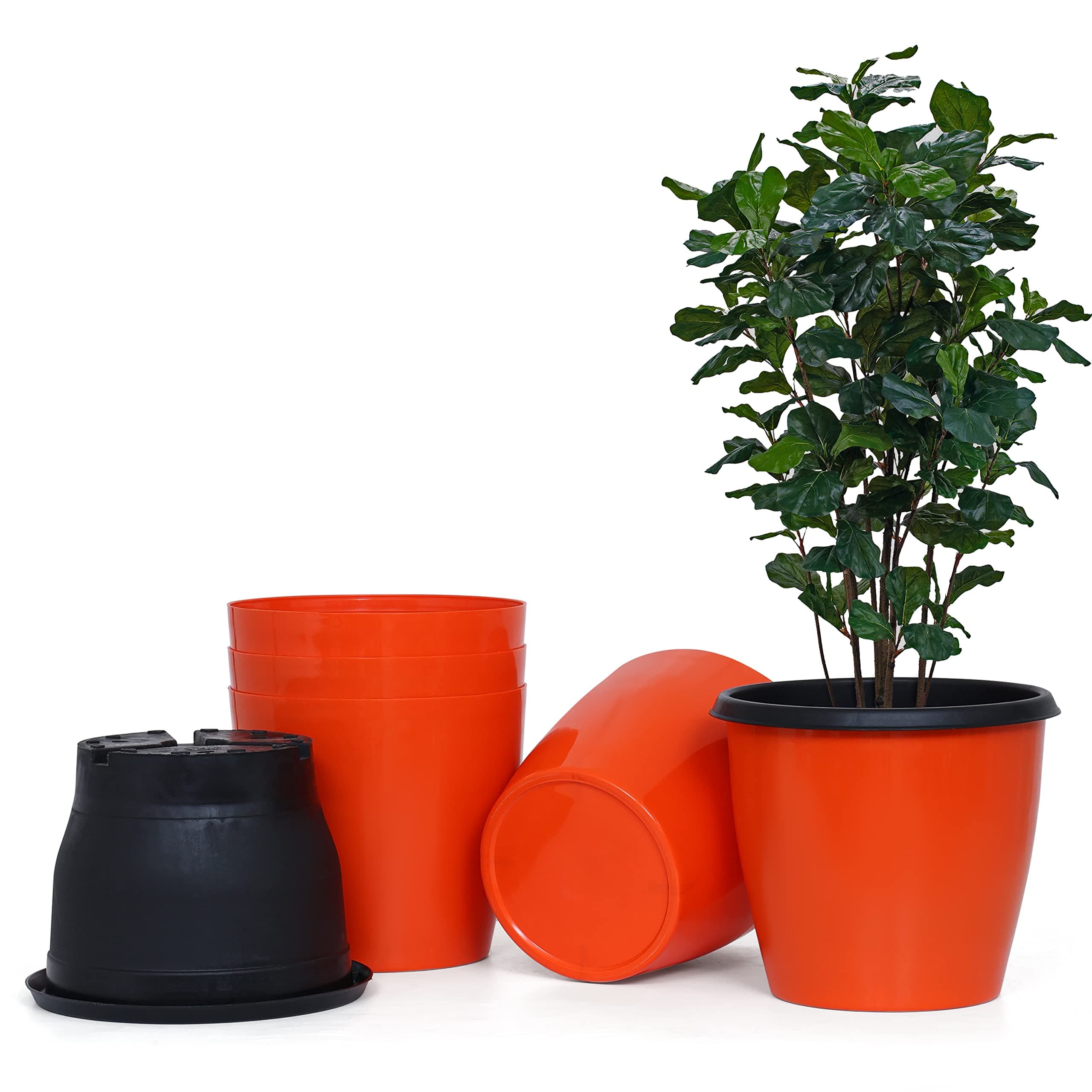 Livzing 10 Inch Plant Pot Pack of 5 (10 Pots) | Self Watering Indoor Pot | Orange Outer and Black Inner Flower Pot | UnFadable - Low Maintenance Gamla | Suitable for Home Indoor and Balcony Plants