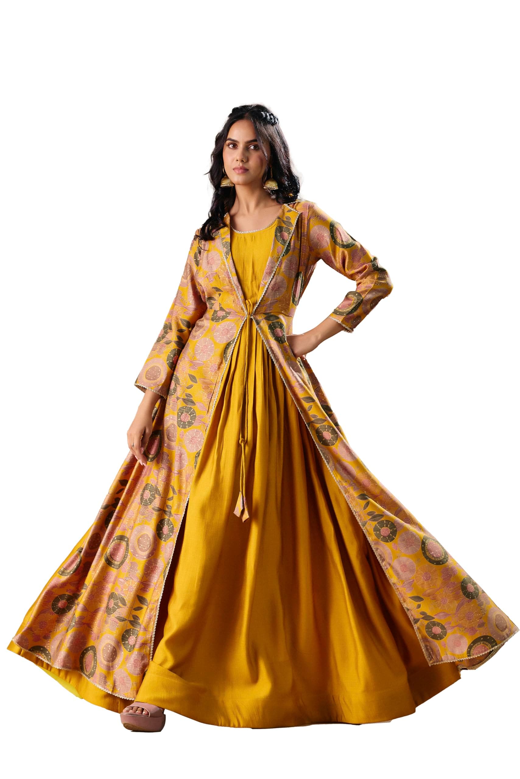 madhuram textiles Women's Vatican Print Ethnic Dress with Jacket Style Gown(M-2550 Pink and Yellow)