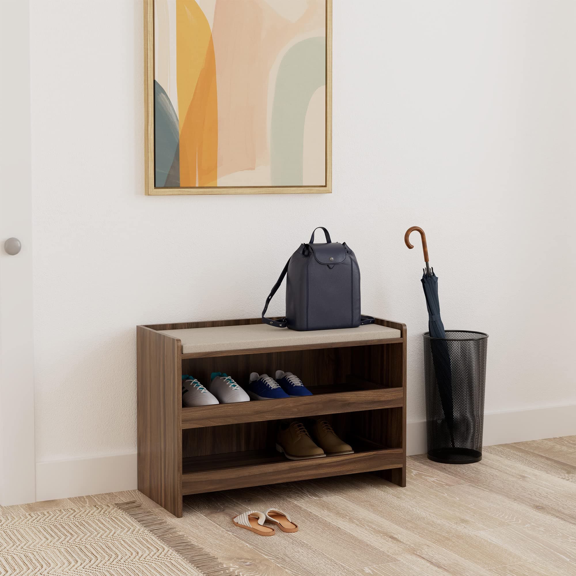 Amazon Brand - Solimo Ashburn Engineered Wood Shoe Rack with 2 Shelves and Seating, Asian Walnut