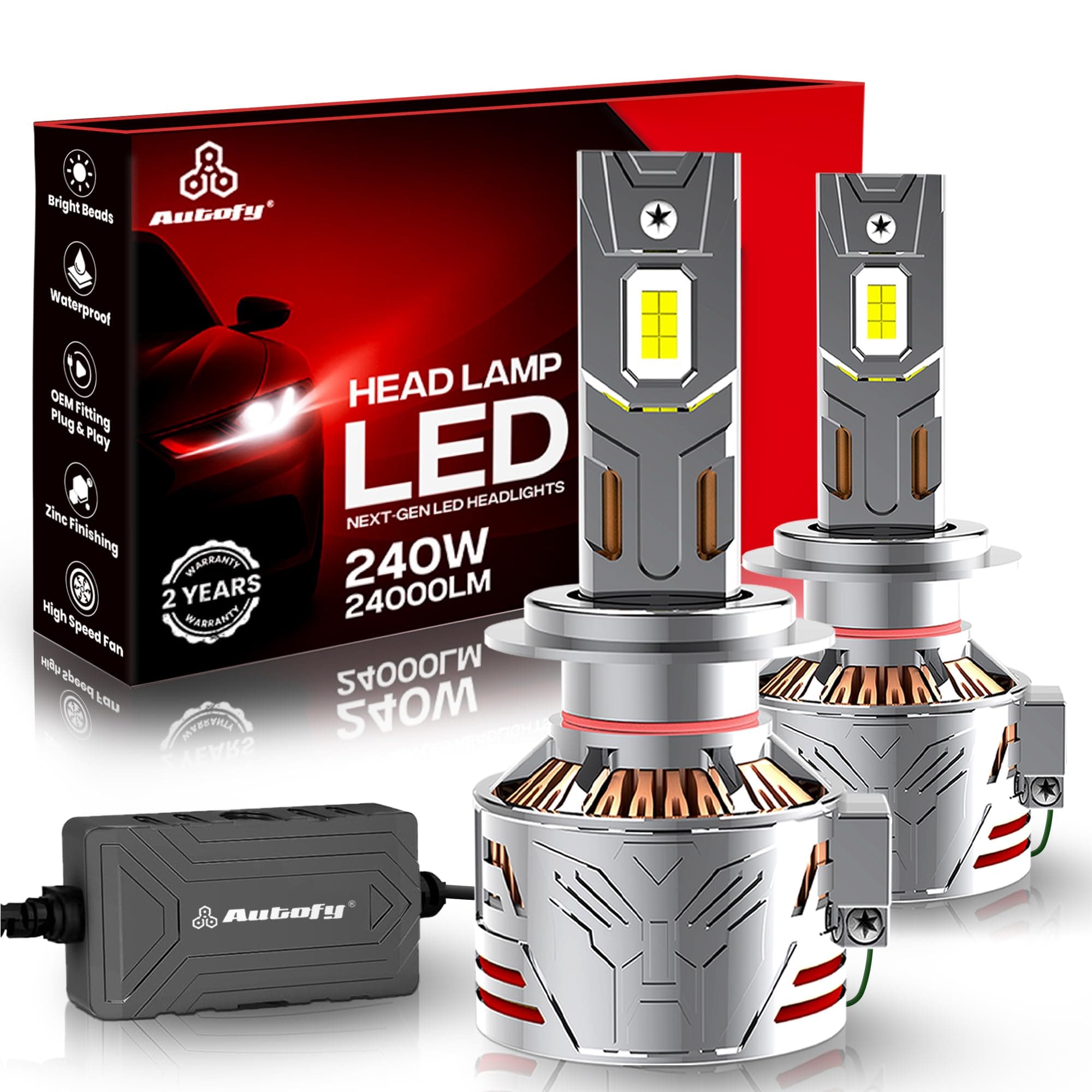 Autofy Falcon LED Headlight for Car 240W 24000LM 6000K Bright White IP68 Waterproof - H4/H19 OEM Plug & Play Fitting - 12000 RPM Fan & Copper Cooling - CANbus Driver (24 Months Warranty - Pk of 2)