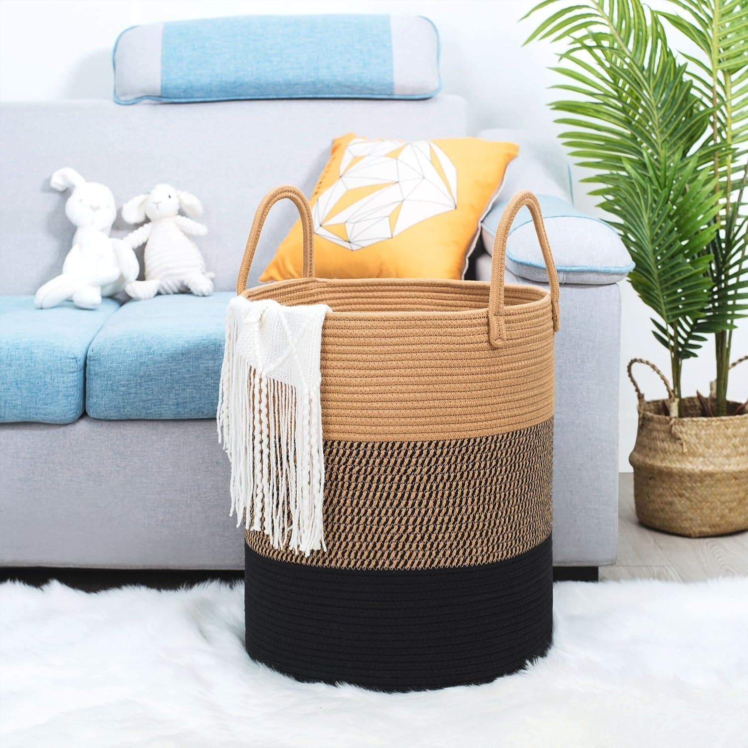 ELIZA KRAFTS Laundry Basket for Clothes | Cotton Rope Laundry Basket with Handles | Foldable Clothes Storage Basket for Bedroom, Bathroom & Laundry Room | Large Laundry Hamper, 38 x 38 x 46 cm