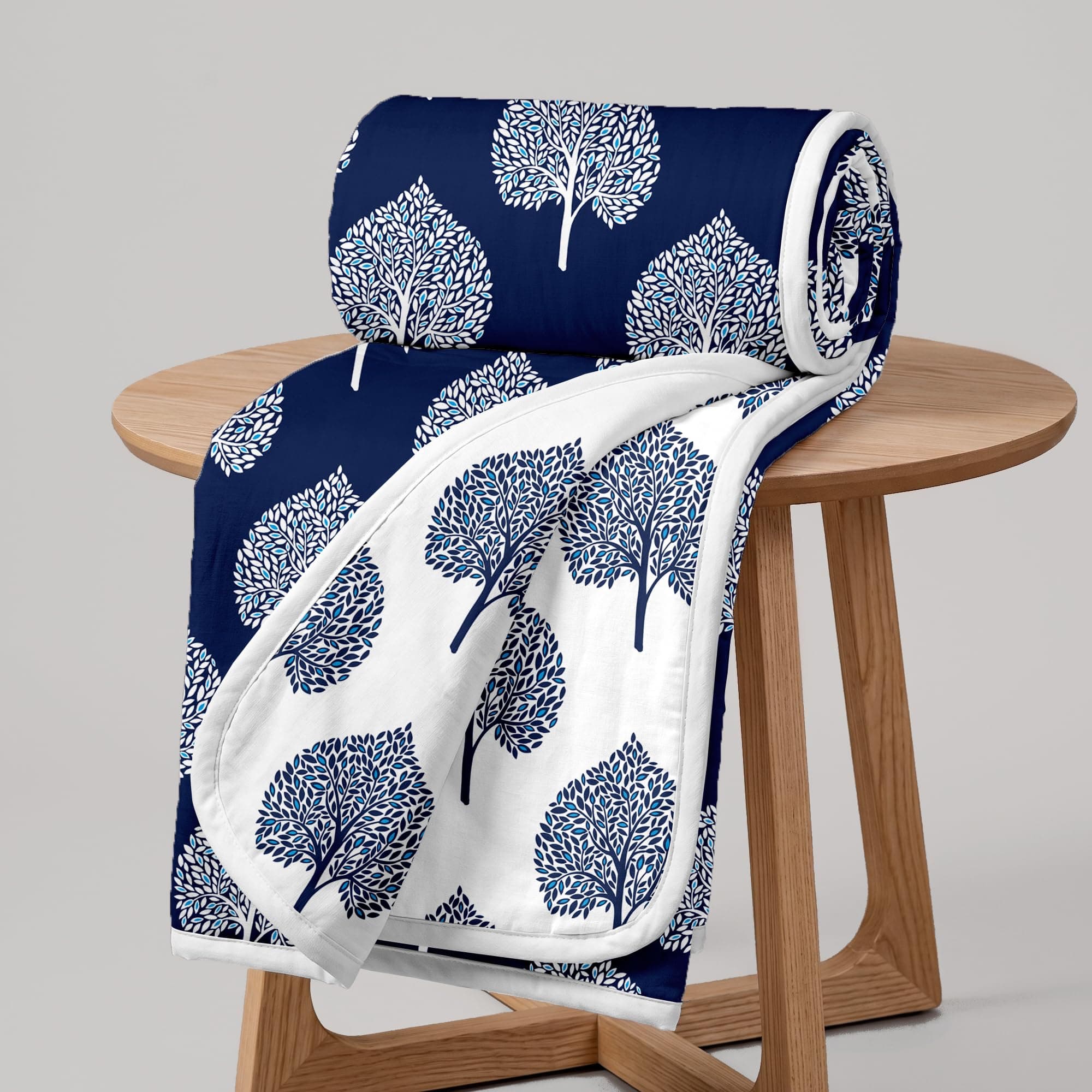 Divine Casa 120 GSM Microfiber Double Dohar | Soft & Lightweight Throw Blanket | Cozy & Breathable | All-Season Comfort | 220 x 205 CM | Tree Motif Pattern | Navy Blue & White