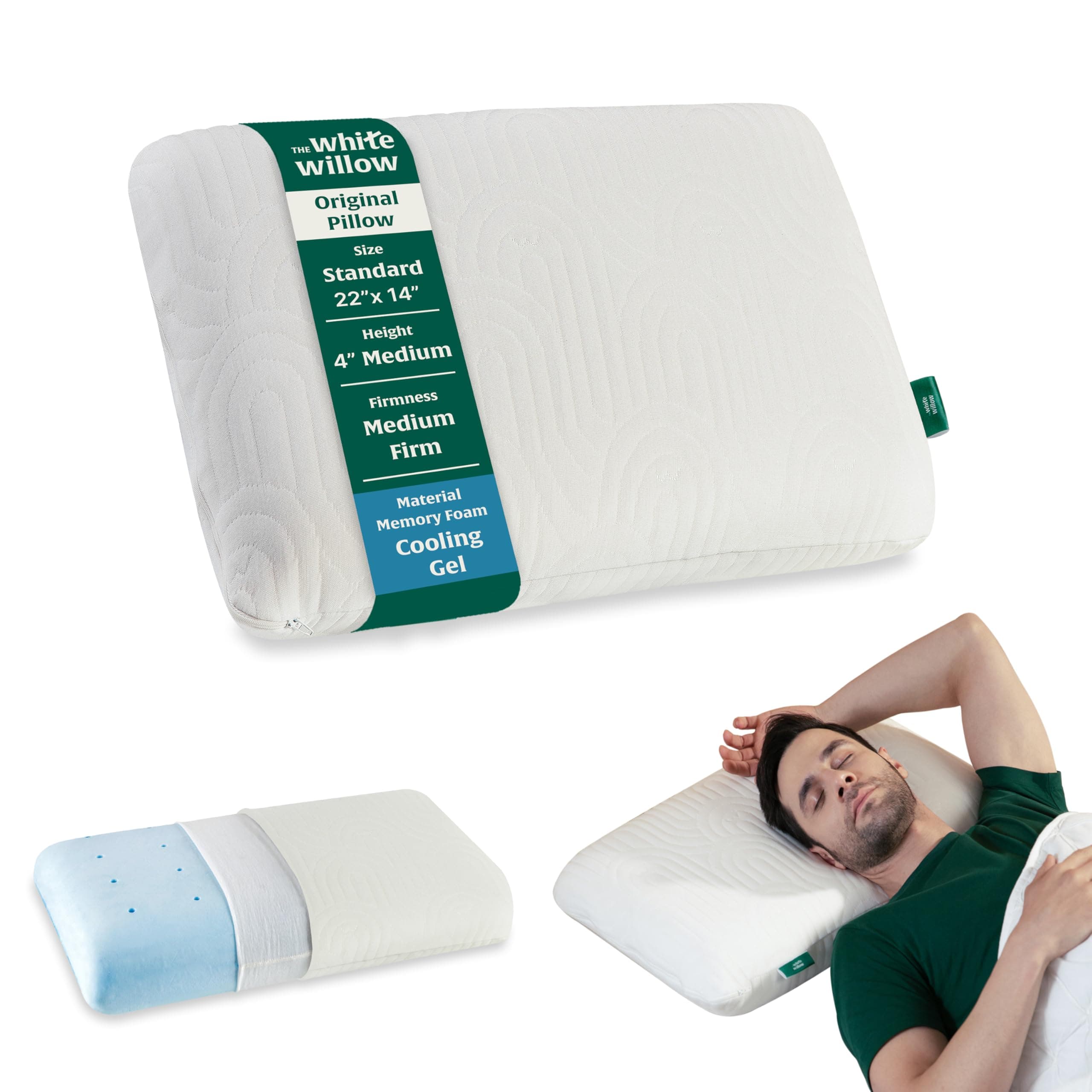 The White Willow Memory Foam Pillow – Cool Gel Cervical Support for Neck & Shoulder Relief Orthopedic SleepingPillow for Back Side & Stomach Sleepers Medium Firm Standard Size (4" H) – Classic White