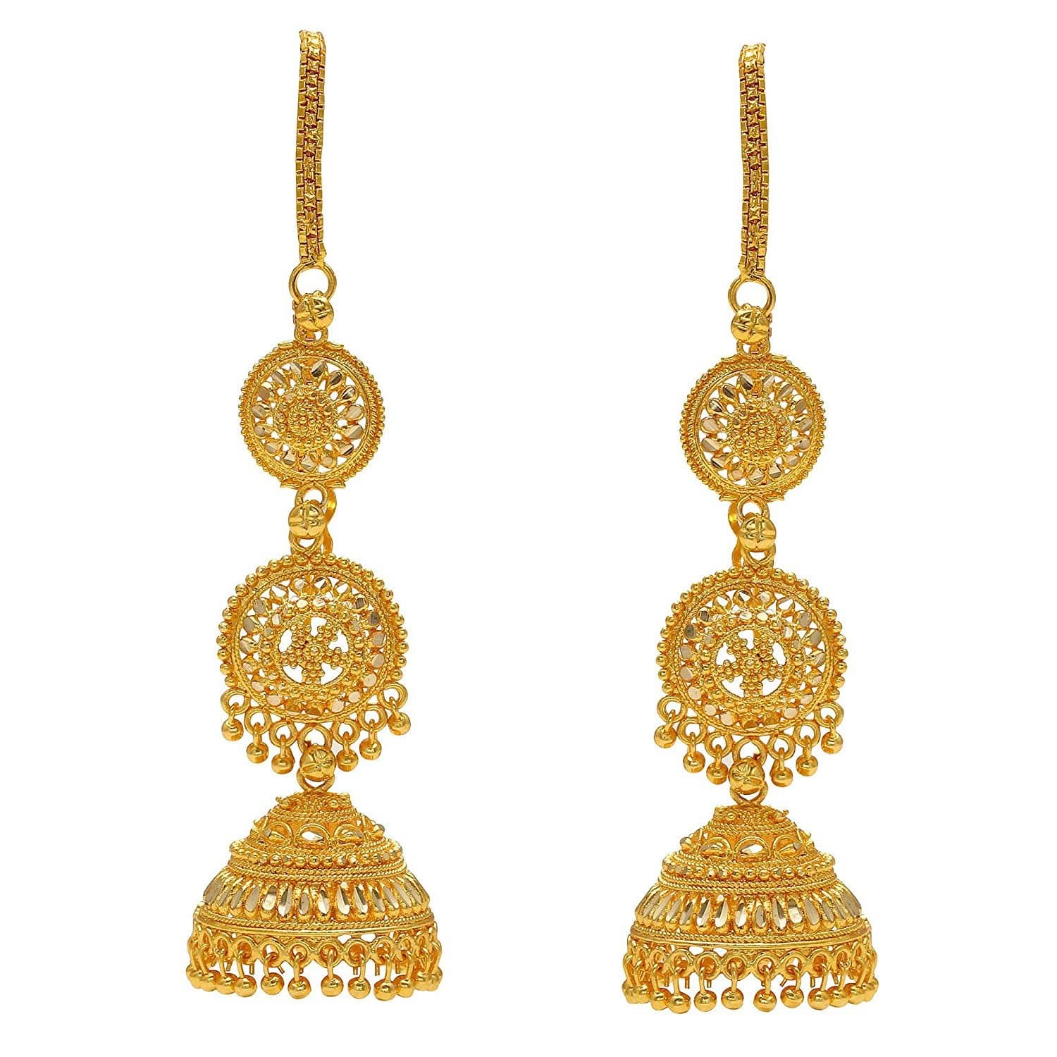 Shreyadzines Gold Plated Jhumka Earrings with Ear Chain for Women | Traditional gold plated jhumka earrings with attached ear chain, wedding jewelry, lightweight support design