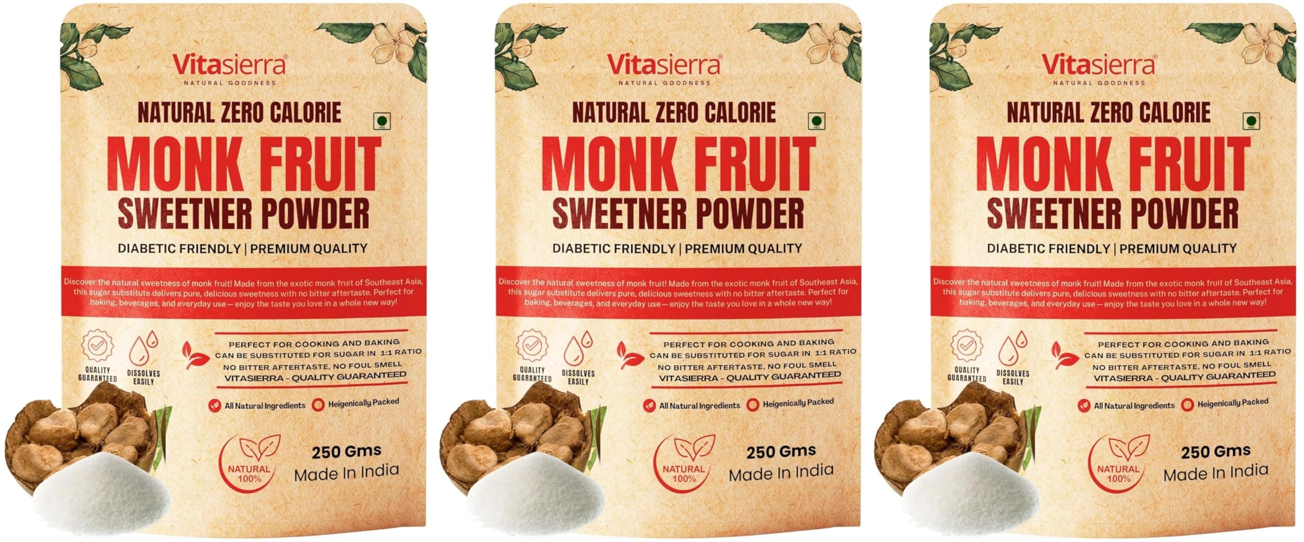 Vitasierra Monk Fruit Sweetner Organic 1:1 Sugar Replacer Without Erythritol Zero Calorie Zero Glyemic Index 100% Natural Sweetner Diabetic Friendly, 250 Gram x 3