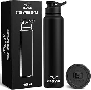 SLOVIC Steel Water Bottle 1 Ltr | Sports Water Bottle with Sipper Cap | 100% BPA Free & leak-Proof | Sipper Bottles for Adults | Ideal for Gym, Sports & Camping | Black
