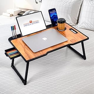 DIVIJA STORE Smart Multipurpose Foldable Laptop Table with Cup Holder, Study Table, Bed Table, Breakfast Table, Foldable and Portable/Ergonomic & Rounded Edges/Non-Slip Legs (Wood), 59 cm, 8 cm
