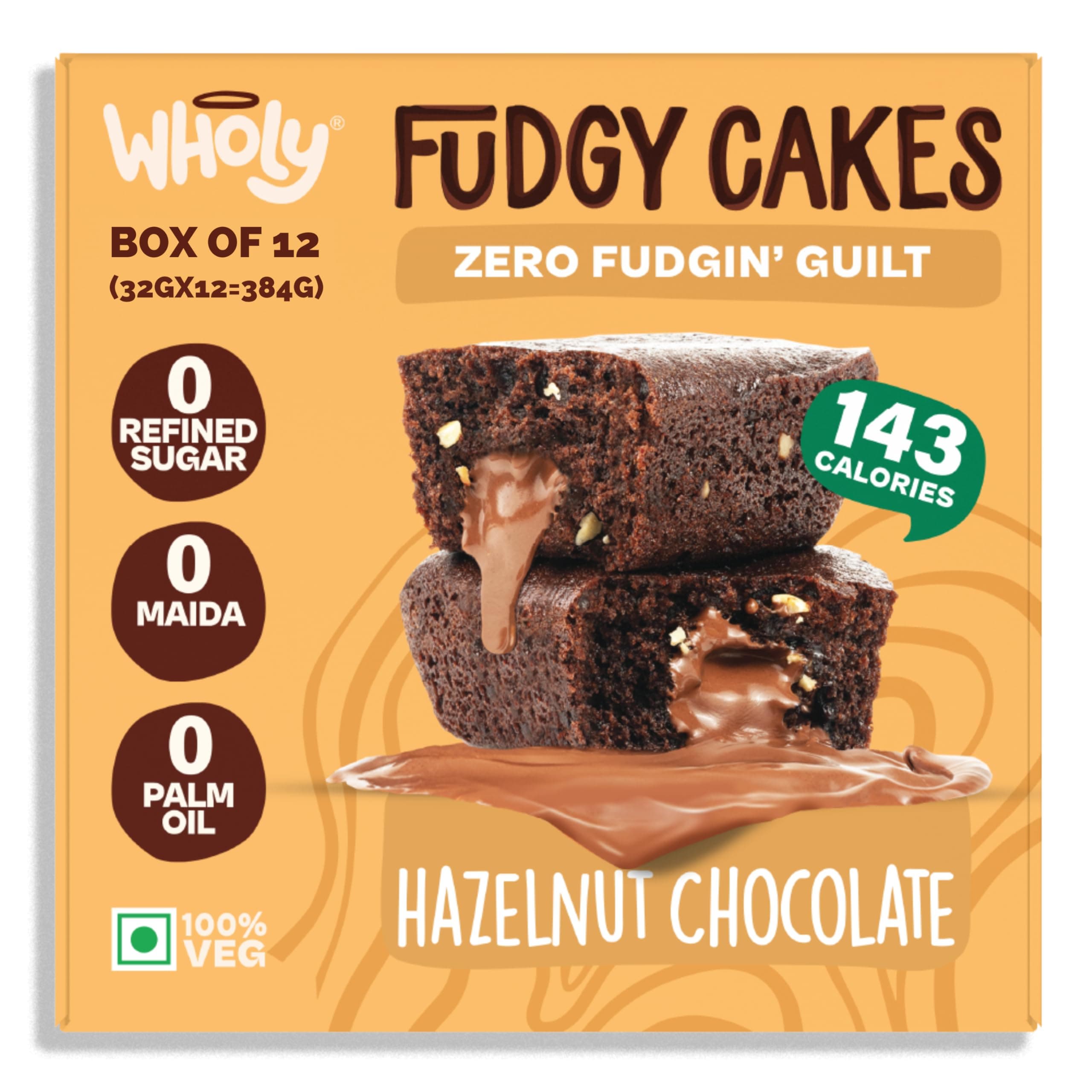 Wholy Hazelnut Chocolate Fudgy Center Filled Eggless Cake | Baked with Jaggery & Belgian Cocoa | No Maida | No Palm Oil | No Preservatives | High Fiber | Low Cal | Wholegrain | Moist Snack Cake - 32g (Pack Of 12)