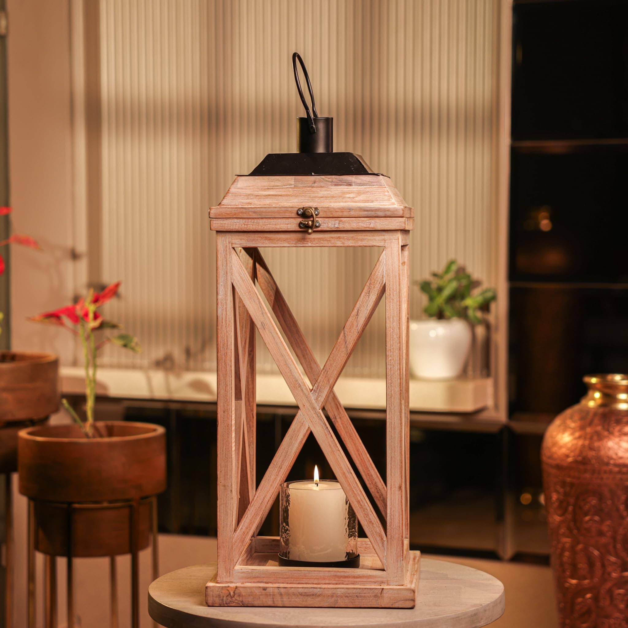 IREKA Homes Selena Decorative Wooden Lantern with Glass Panels & Candle | White Wash Acacia Wood Candle Holder | Farmhouse Lantern for Living Room, Patio, Balcony, Wedding & Festive Décor | 24 Inche
