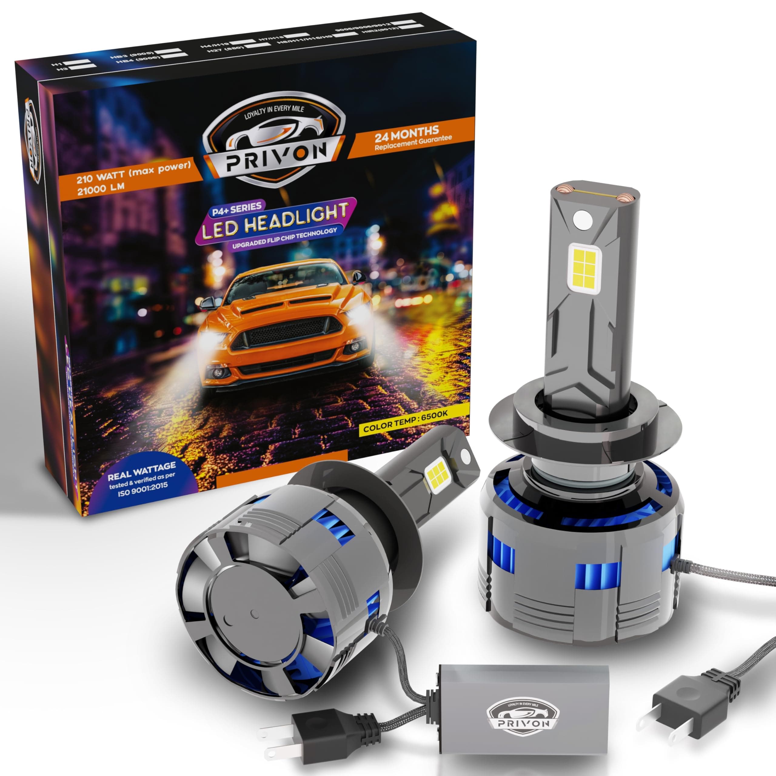 PRIVON 210W H7 LED Headlight Bulb for car - 21000LM 6500K White, 2 years Replacement guarantee, Plug & Play, Error-free CANBUS, IP68 waterproof - pack of 2 (105W each bulb, H7/H18)