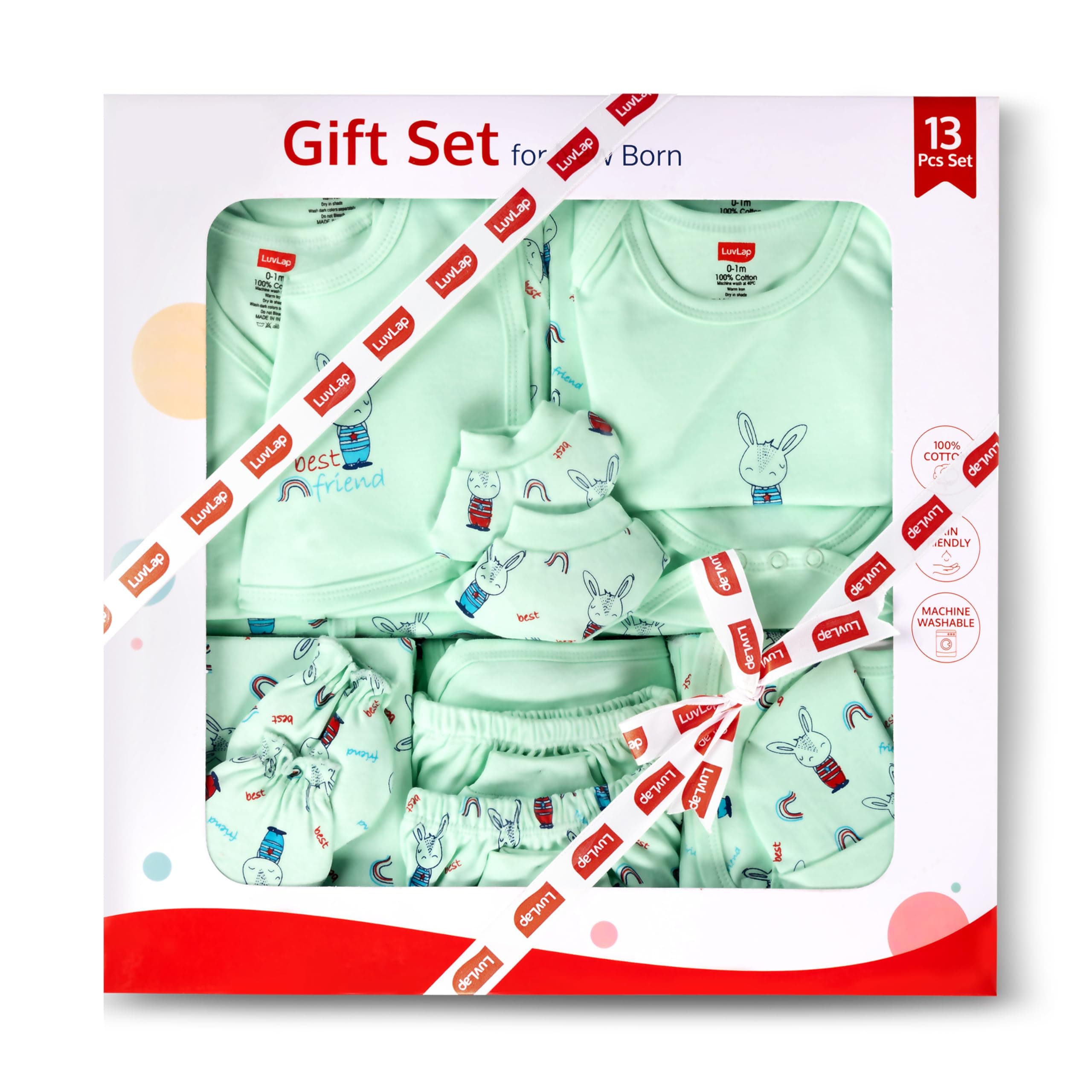 LuvLap Newborn Baby Gift Set of 13, 2 Half Sleeve Jhabla, 2 Rompers, 2 Pyjama, Cap, Mittens, Socks, a washcloth, a Hooded Wrapper, 2 Bibs, Soft Skin Friendly Baby Clothes Set 0-3 Months, Sea Green