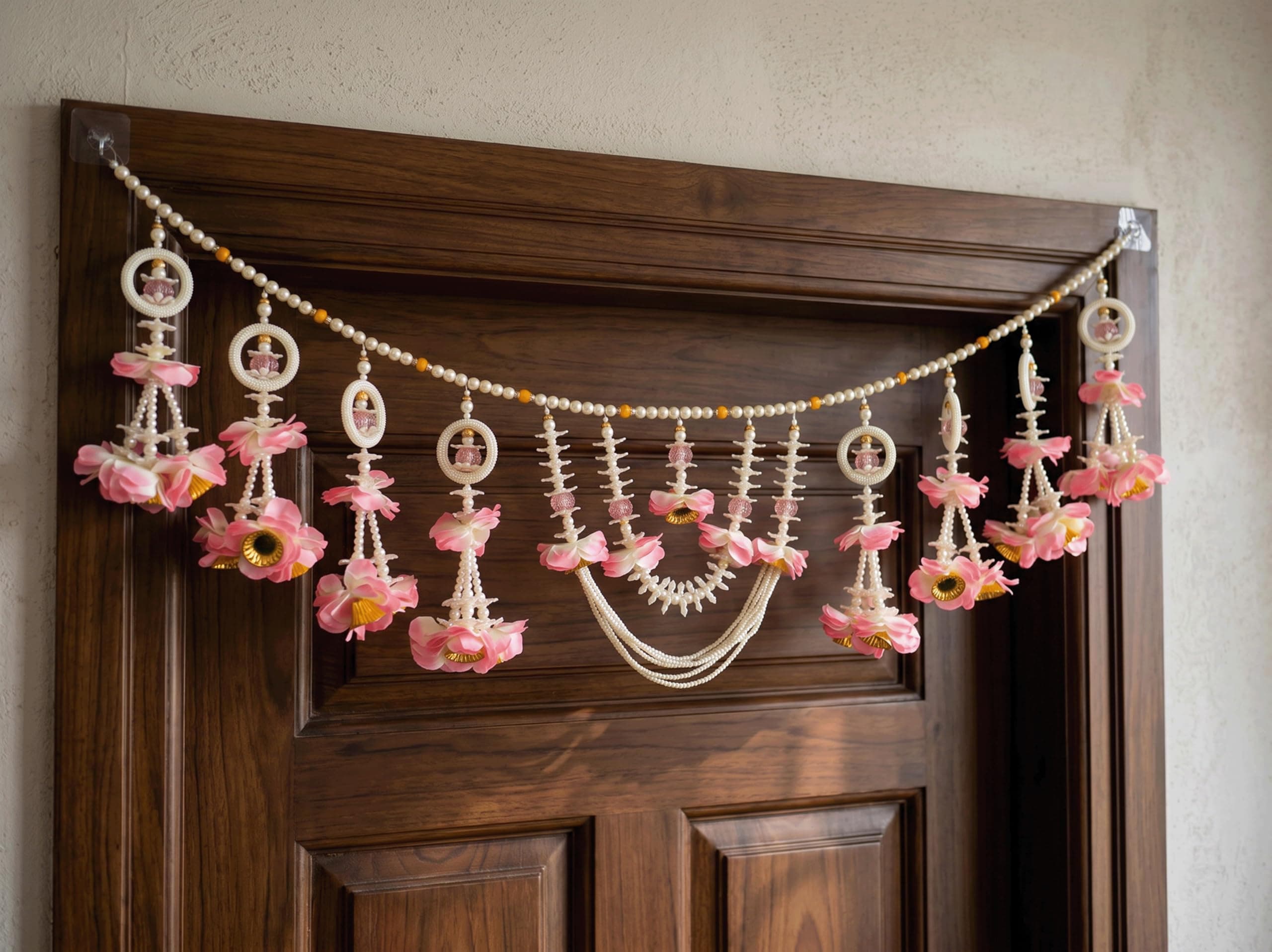 NVF Handcrafted Pearl & Pink Flower Door Toran for Home Entrance | Artificial Floral Bandarwal for Main Door, Pooja Room, Mandir & Festival Decoration | Traditional Indian Wall Hanging Decor | 3 FT.