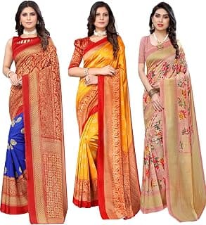 Yashika Women's Combo Art Silk Saree with Blouse Piece-Pack of 3(Metro ROYL Blue-MINALI Mustard-AIR Peach) Multicolor-12