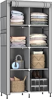 MYARMOR 2-Door Foldable Wardrobe for Clothes, Multipurpose Cupboard for Storage, Collapsible Wardrobe Organizer for Clothes, Grey (ABS Plastic,Fabric Cabinet Rack) - 8 Shelfes Design