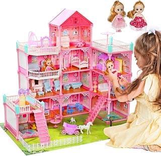Dollhouse with 4-Story 15 Rooms, Dream Gift Princess Doll House Playset with Furniture Pool Slide, Pink Toddler Toy House for 3 4 5 6 7 8 9 * 10* Year Old Girls (15 Room Doll House) (Pink)