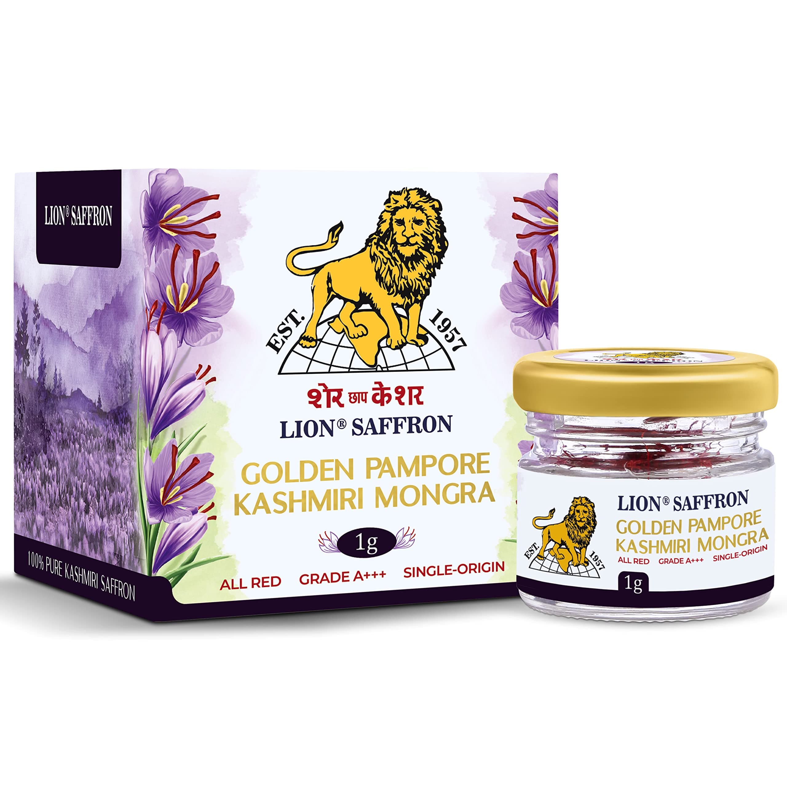 LION BRAND SAFFRON, 1g, Grade A+++ Kashmiri Mongra Kesar/Keshar/Saffron for Pregnant Women, Biryani, Cooking, Sweets and Beauty (From Pampore, Kashmir)(Pack of 1, 1gram)