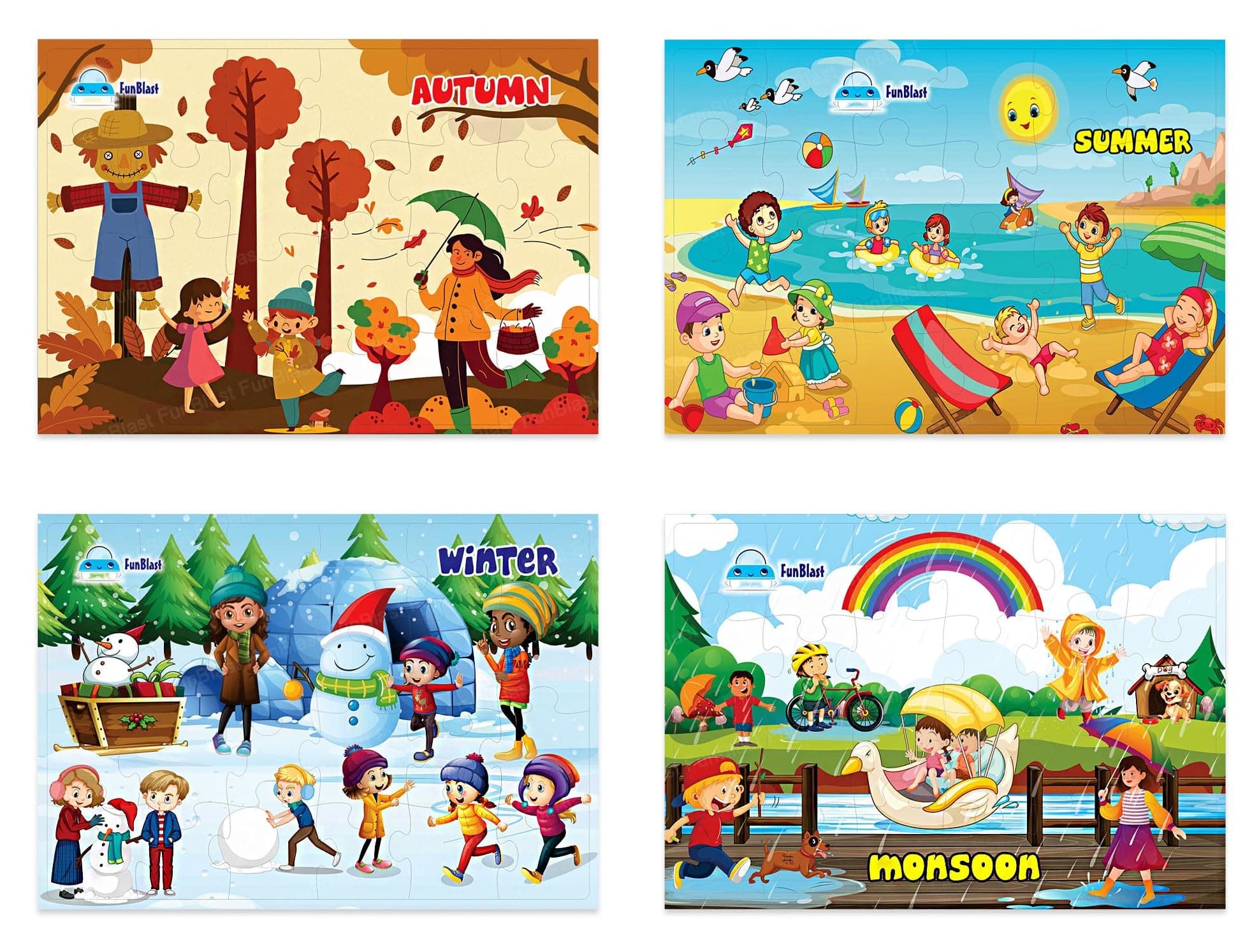 FunBlast Jigsaw Puzzles for Kids, 4 Seasons Jigsaw Puzzle for Kids, Floor Puzzle for Children, Learning and Educational Jigsaw Puzzle Toys, Set of 4-96 Pcs Puzzle (Multicolor, Size 30 X 22 CM)