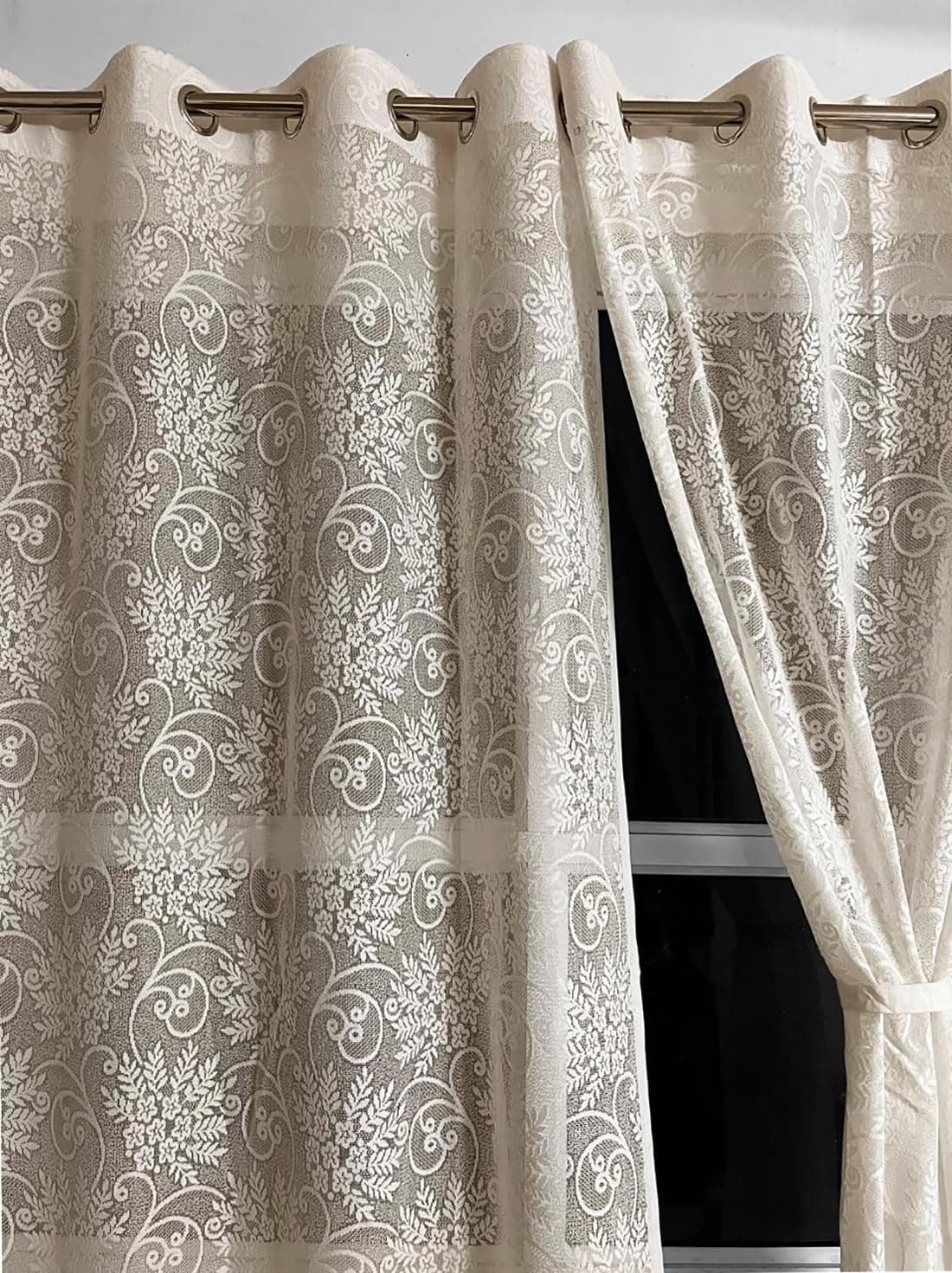 Fabrilia Semi Sheer Floral Net Grommet Curtains for Longdoor/Window 9 Feet Long Set of 2, Cream
