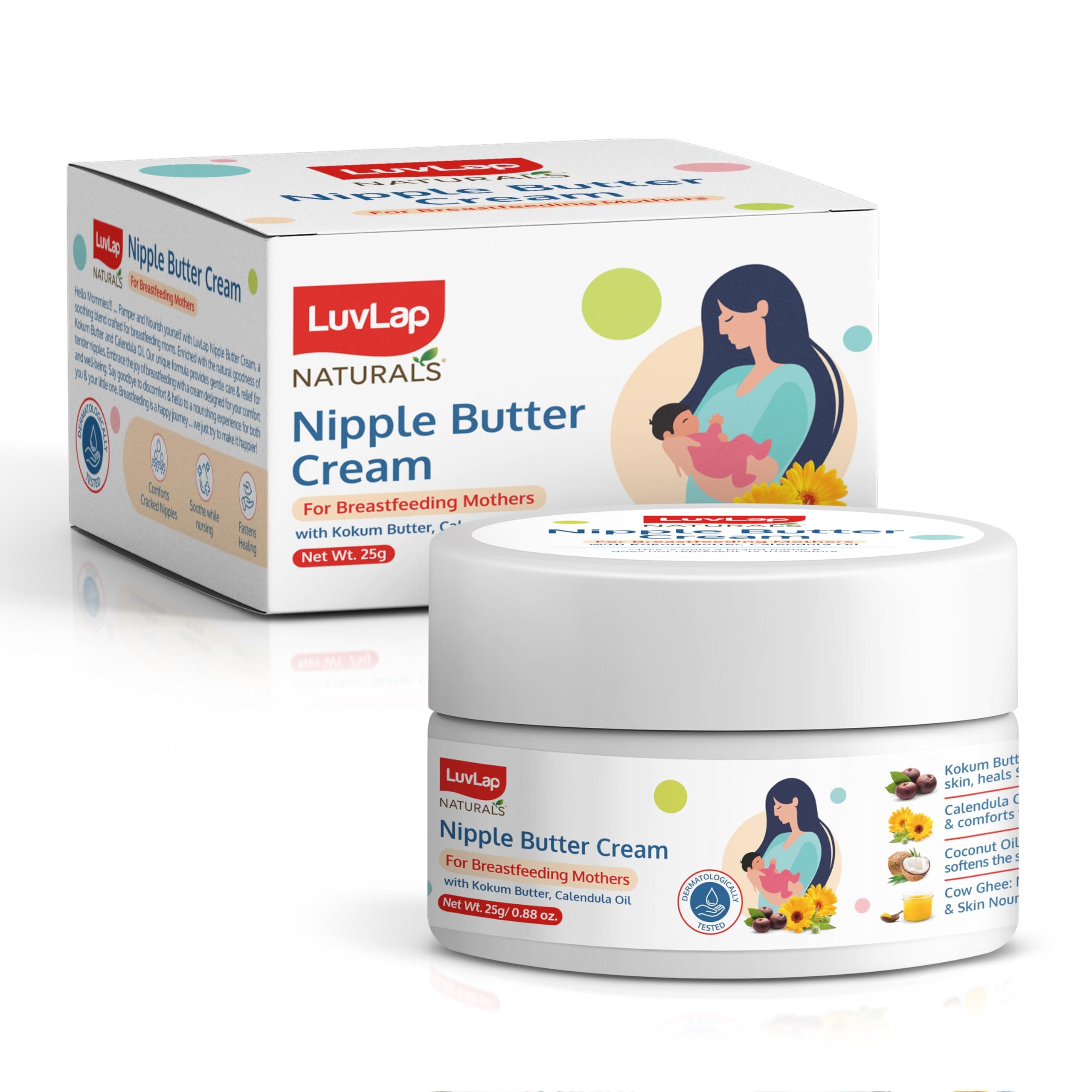 LuvLap Naturals Nipple Butter Cream for Sore & Cracked Dry Nipples, 100% Natural, Safe for Baby & Breast Feeding Moms, No Taste & Odour, Dermatologically Tested, Maternity Essential, 25g