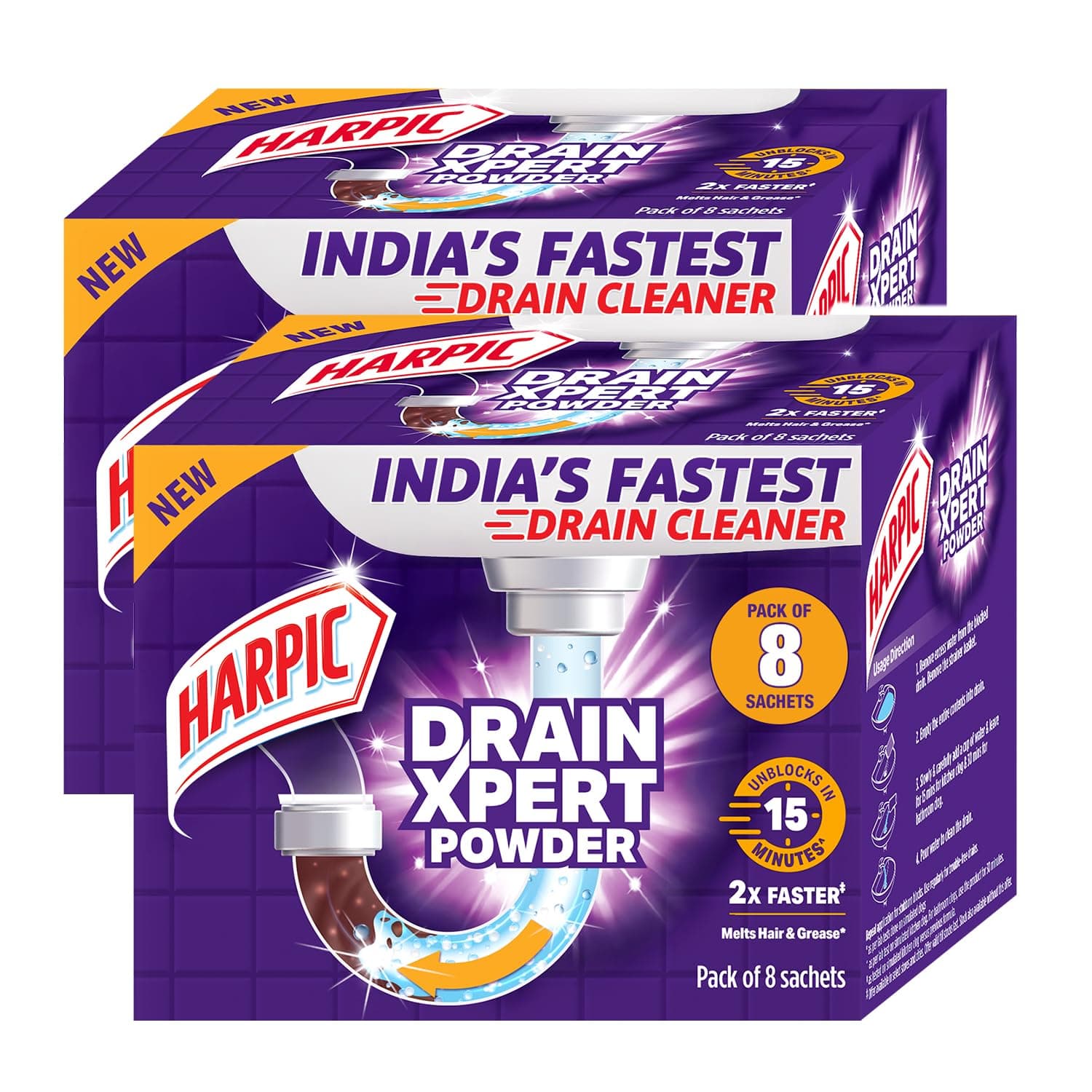 Harpic (45g x 8) Pack of 2, DrainXpert Drain Cleaner Powder | Removes Blockages in Pipes, Sinks & Septic Tanks| Works within 15 minutes | Melts Grease & Dissolves Hair | India's Fastest drain cleaner