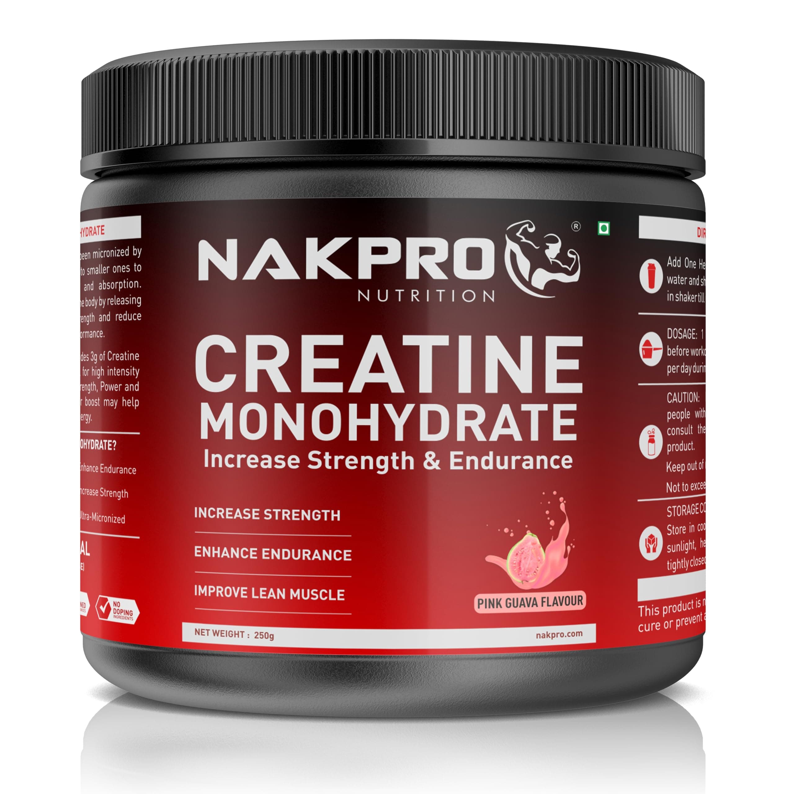 NAKPRO NUTRITION Micronised Creatine Monohydrate | 250g Jar | Pink Guava | 3g Creatine/Per Serving | Trustified Certified | Rapid Absorption Pre/Post Workout