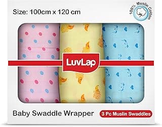 LuvLap 100% Cotton Muslin Baby Swaddle Set, Baby Towel, Size-120cm x 100cm (47"x39"), Dots Hearts Print, 0-18 Month+, Printed Mulmal Muslin Swaddle Wrap for New Born, Pack of 3