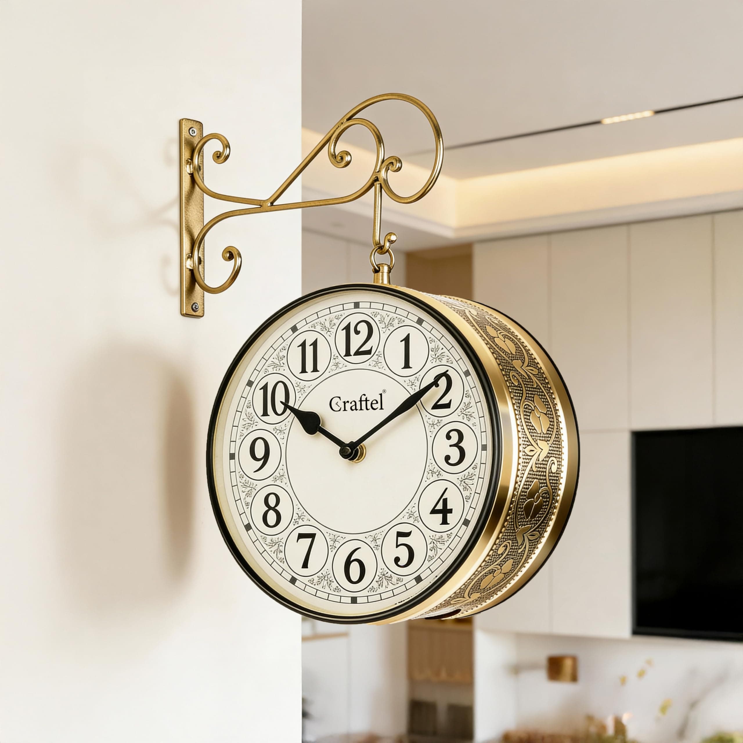 CRAFTEL Metal Analog Double Sided Vintage Station Wall Clocks (Both Side English Dial, Shiny Gold - 10 Inches)