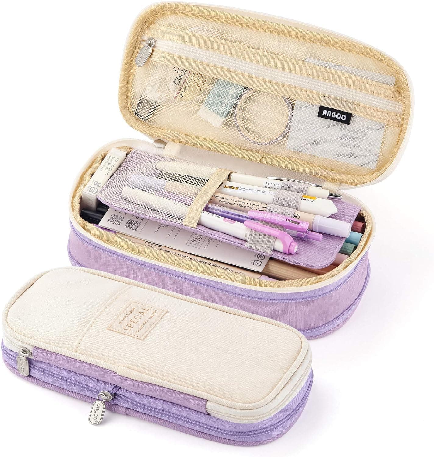 Corslet Big Storage Pencil Case/Office Organizer Bag, High Capacity Pen Pouch Holder with Multiple Compartments for School Supplies, Makeup, and Travel Accessories (Purple/Biege)