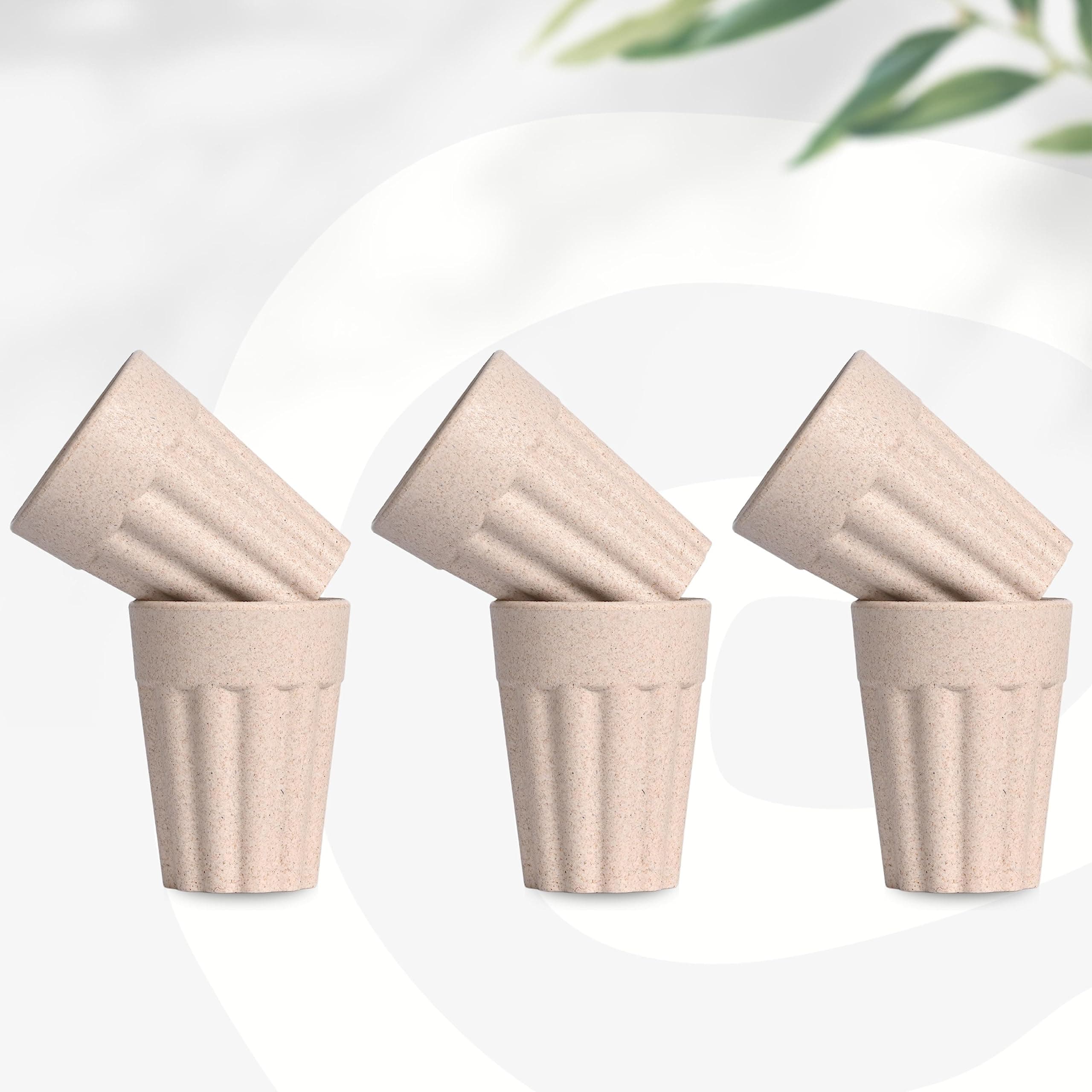 eha Set of 6 Earth-Friendly Cutting Chai Cups | 100 ml | Coffee Cup Made with Rice Husk & Bamboo Fibers | Microwave Safe Tea Set |Hot & Cold Coffee Mug, Milk & Tea Cup Set | Sand Castle