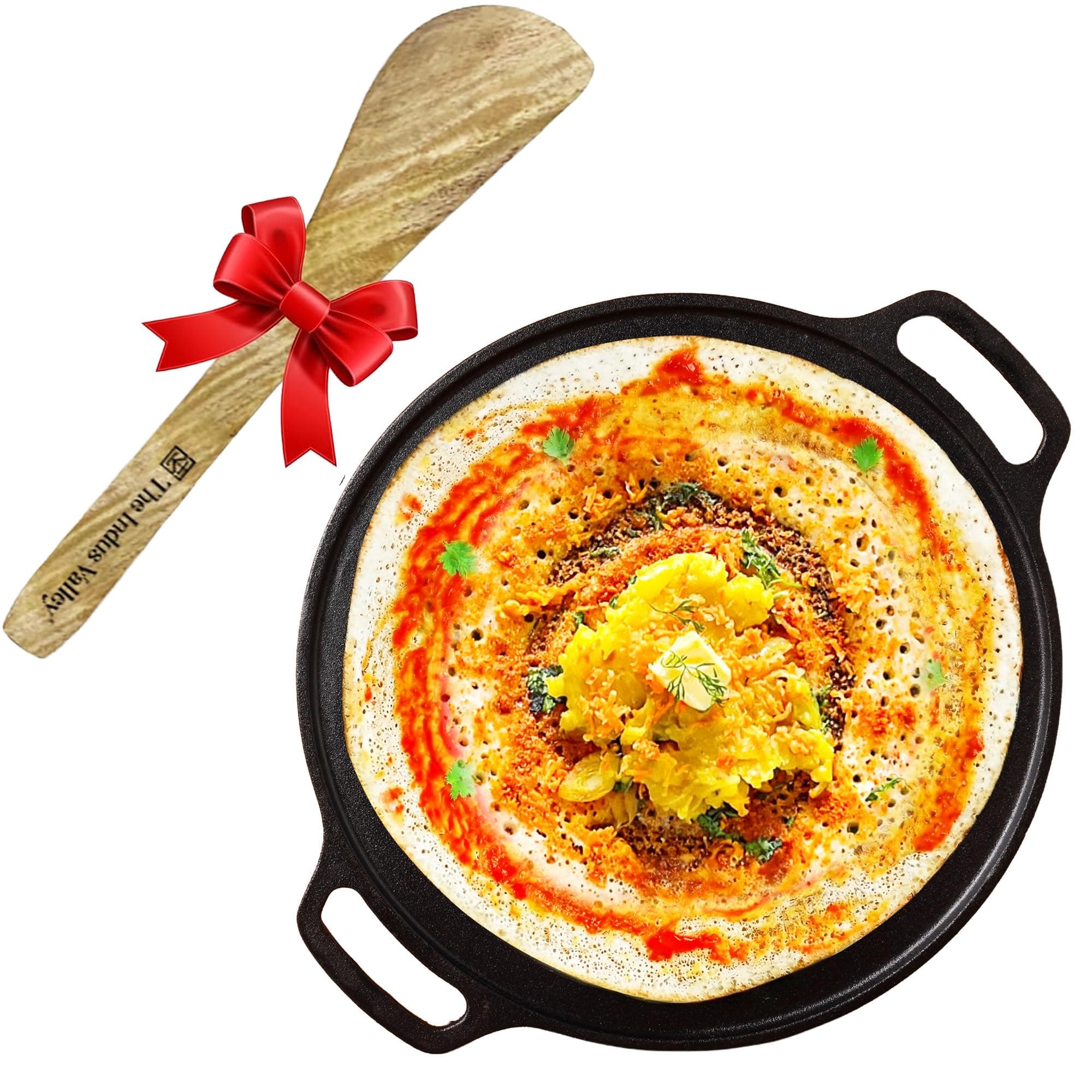 The Indus Valley Pre-seasoned Cast Iron Tawa with Free Wooden Spatula for Dosa/Chapathi | 30.2cm/11.8 inch, 2.4kg | Induction friendly | Naturally Nonstick, 100% Pure & Toxin-free, No Chemical Coating
