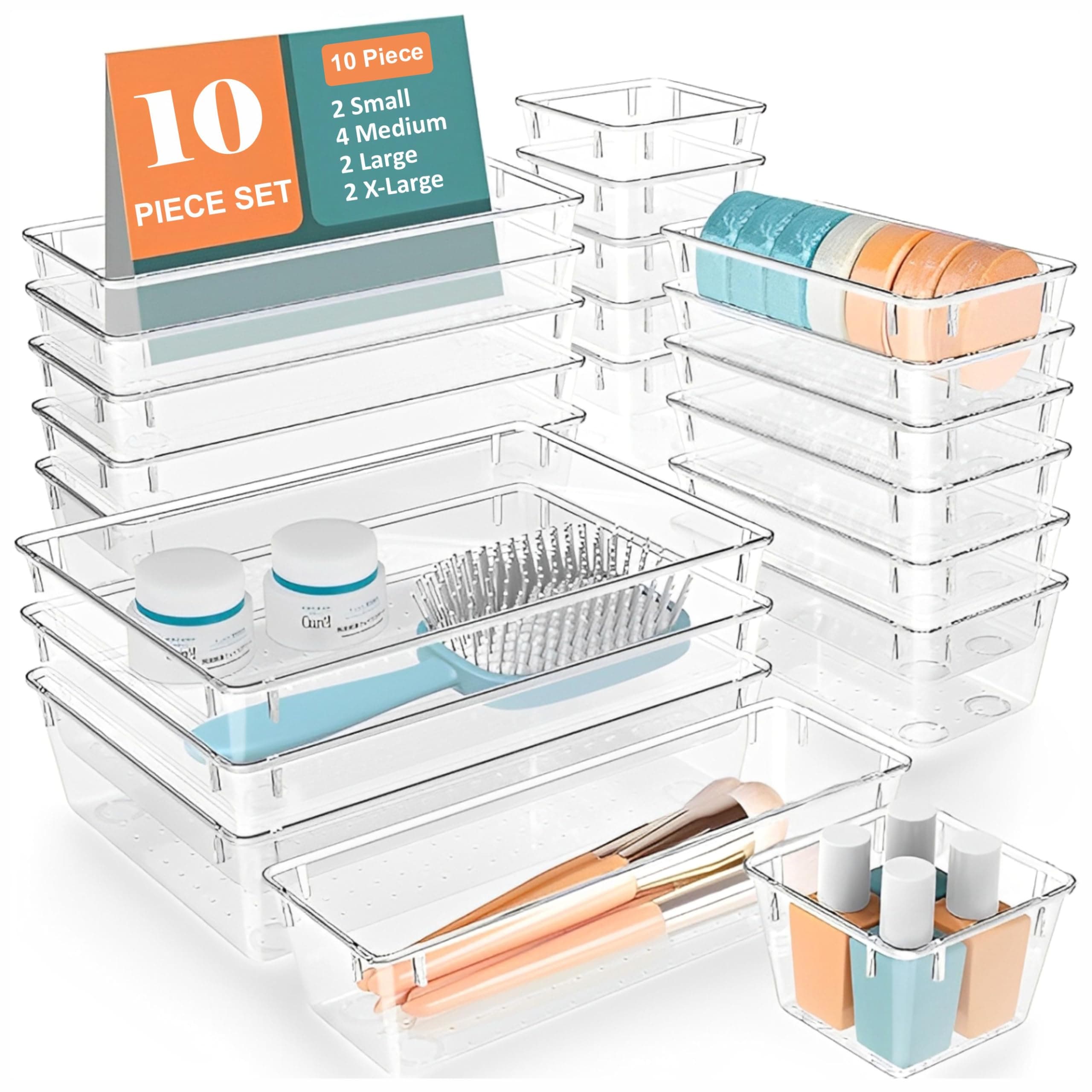 JD FRESH Polypropylene Set of 10 Drawer Organiser/Unbreakable Drawer Organizers/Dressing Table Organizer/Multi-Purpose Storage Boxes/Drawer Divider Tray for Kitchen/Bedroom/Office - (Transparent)