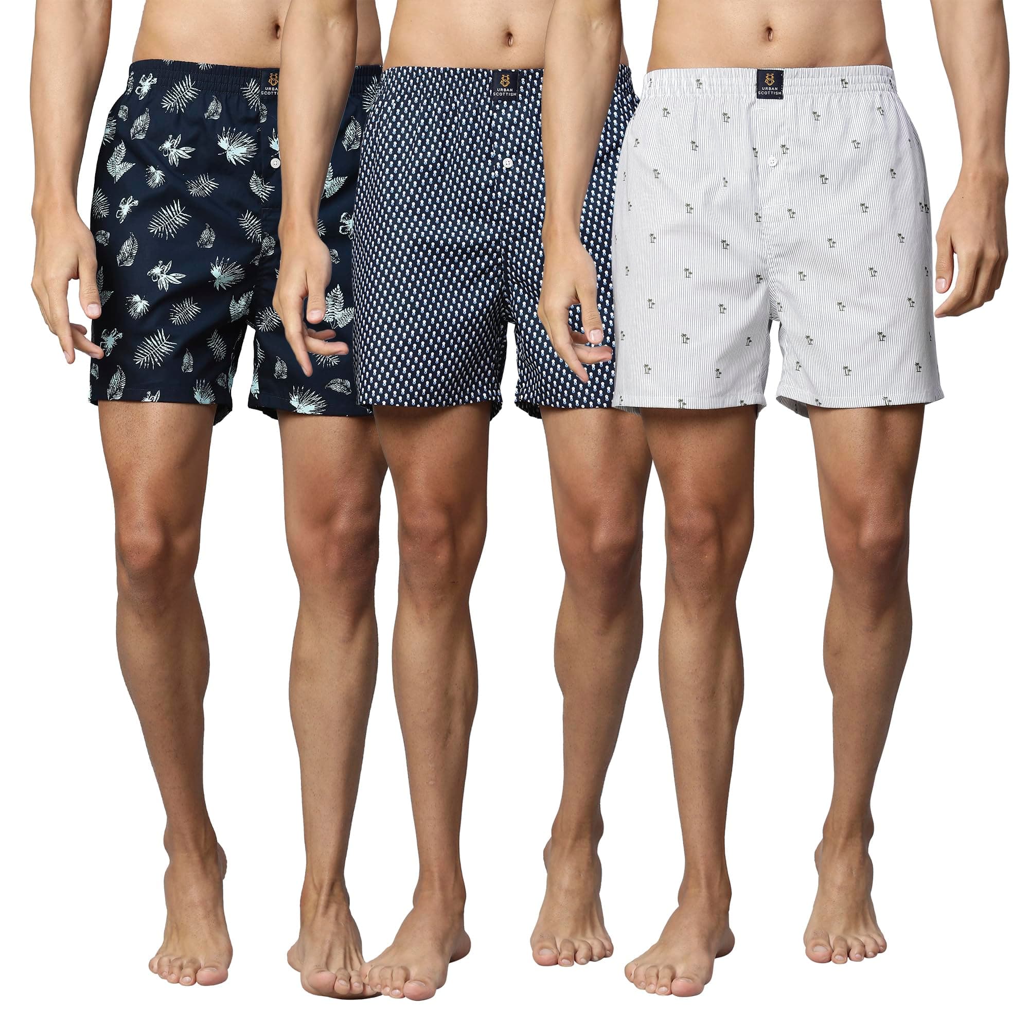 Urban Scottish Ultra-Comfortable Men's Boxer Pants (Pack of 3) - 100% Cotton Material with A Stylish Print - Soft and Stretchy Elastic Waist Band - Dynamic Movement and Hardwearing Stitching