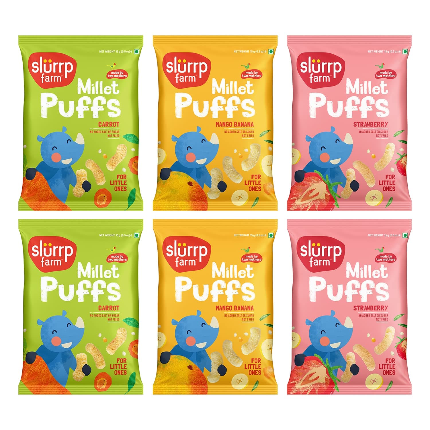 Slurrp Farm Teething Fruit and Vegetable Puffs | Baked Puff in Yummy Flavours- Carrot, Strawberry & Banana, Mango | Pack of 6