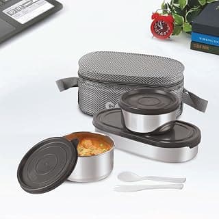 CELLO Bite Buddy Deluxe Set of 3 Pcs Stainless Steel Lunch Box with Bag for Daily Office Use, Grey | 2x300ml Round Steel Container, 1x500ml Oval Container, Fork & Spoon Spillproof Airtight Tiffin Box