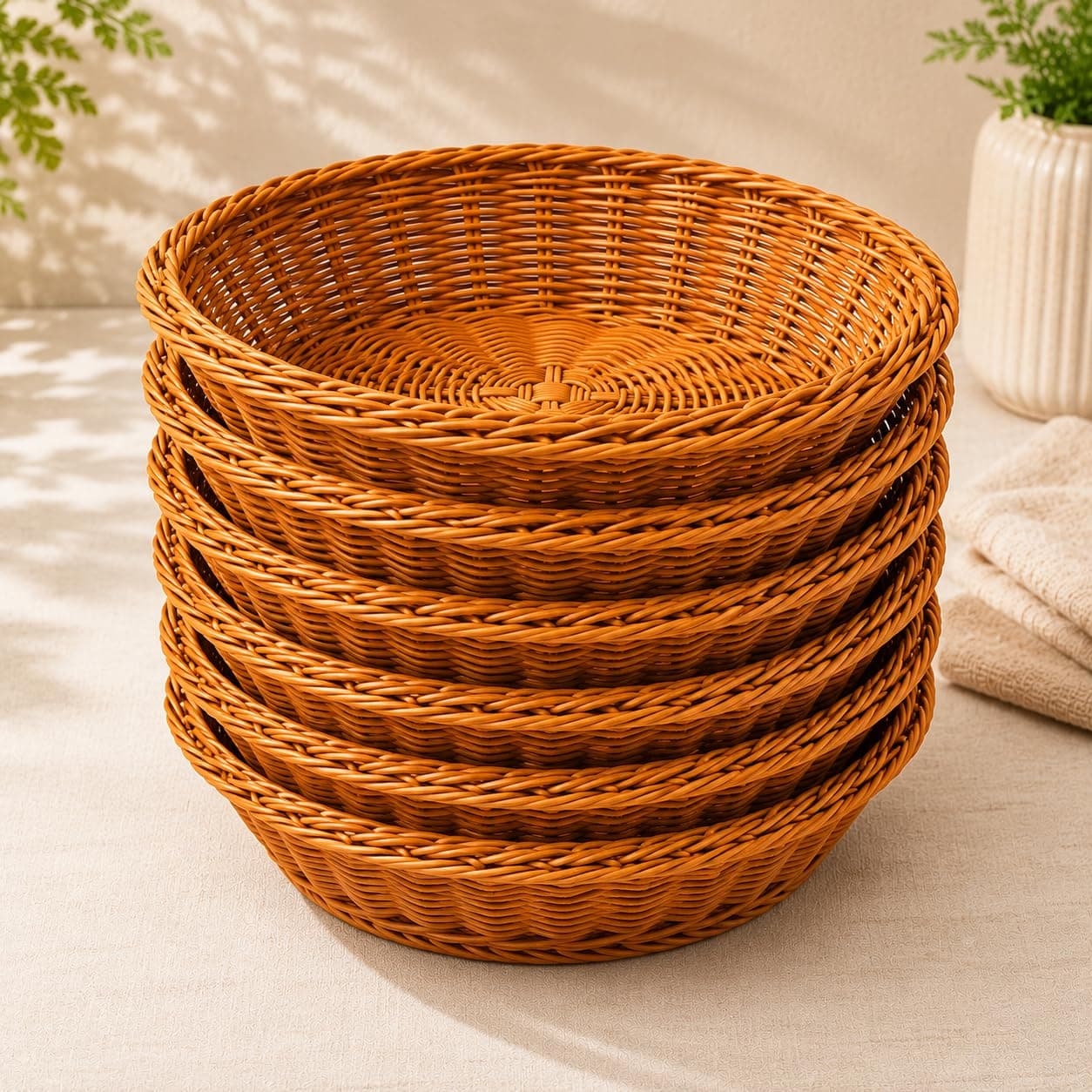 Gurubhai Equipments Round Roti Basket Set of 6 |Bread Basket |Woven Plastic Serving Baskets for Snacks, Chapati, Bakery Items & More | Durable & Easy-to-Clean for Home, Café & Restaurant Use, Brown