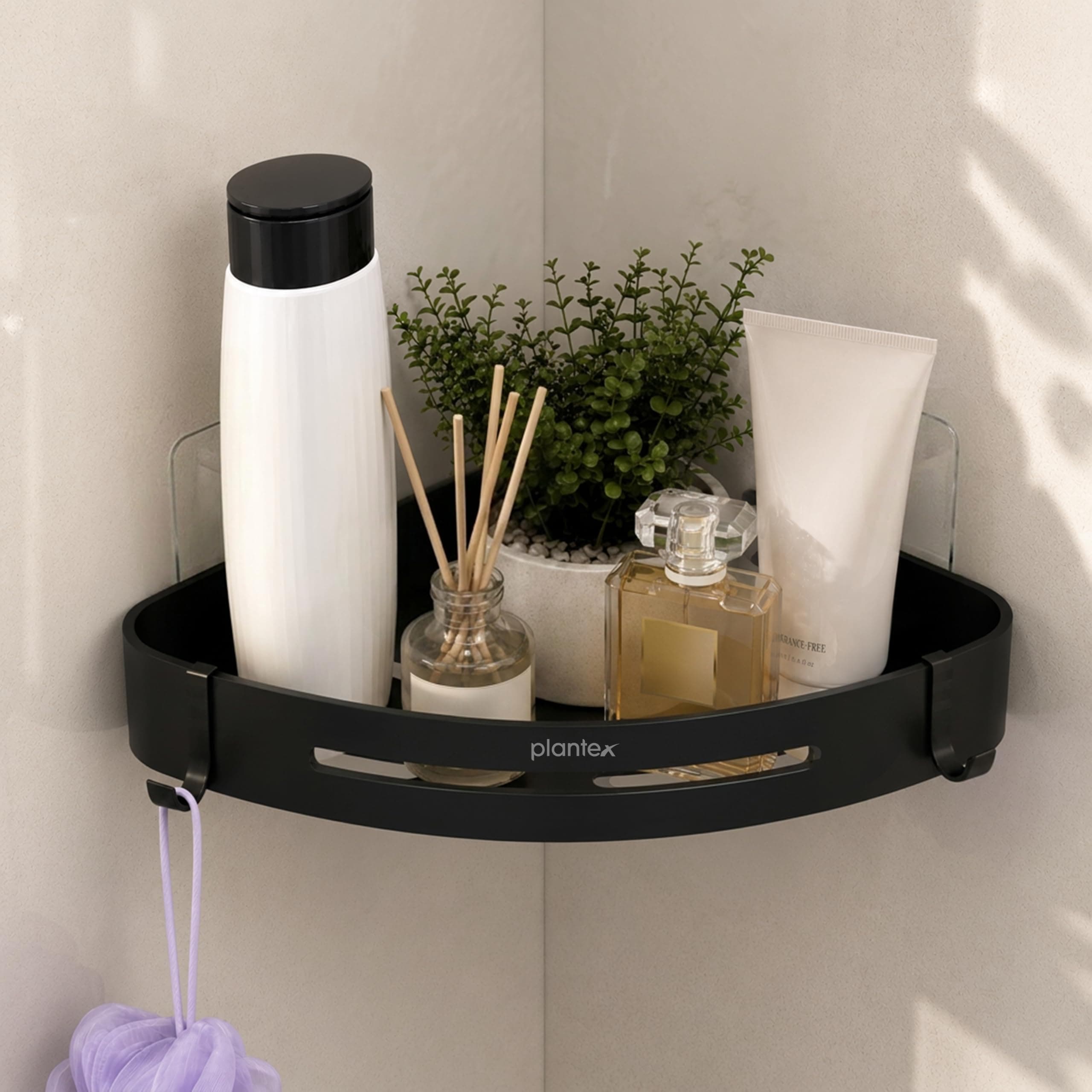 Plantex Bathroom Corner Shelf/Self Adhesive Bathroom Shelf Corner with Removable Hooks/Aluminum No Drill Bathroom Corner Organiser/Rack - 9x9 inch (Matt Black)