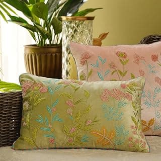 PURE HOME + LIVING Green Multi Coloured Embroidered Rectangle Velvet Cushion for Sofa, Sleeping Pillow for Bed, Cover for Cushions for Home Décor, Decorative Covers for Pillows (Pack of 1)