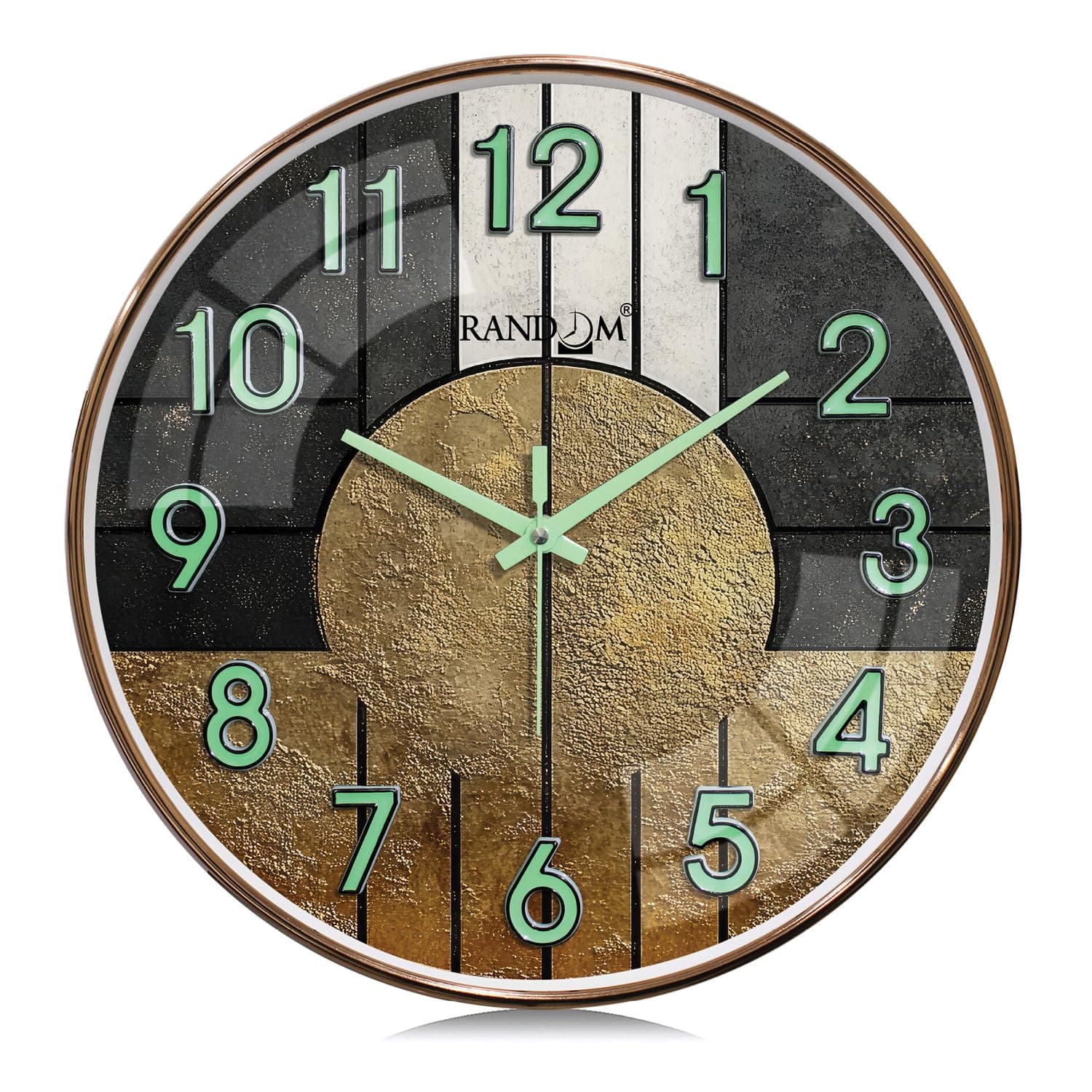RANDOM Modern 12.75INCH Wall Clock with 3D Radium Numbers, Silent Non-Ticking, Premium Black Frame, Ultra Clear Glass for Living Room, Home Office