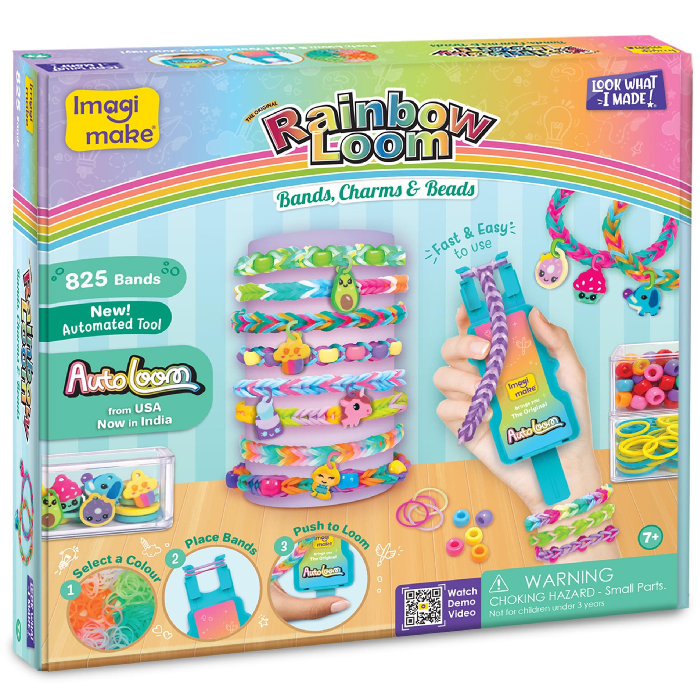 Imagimake Rainbow Loom Glow in the Dark | Bracelet Kit Age 7+ | Bracelet-making kit: 1 auto loom tool, 825+ bands & 34 clips, 30 Beads & Charms; friendship bracelets; age 7+