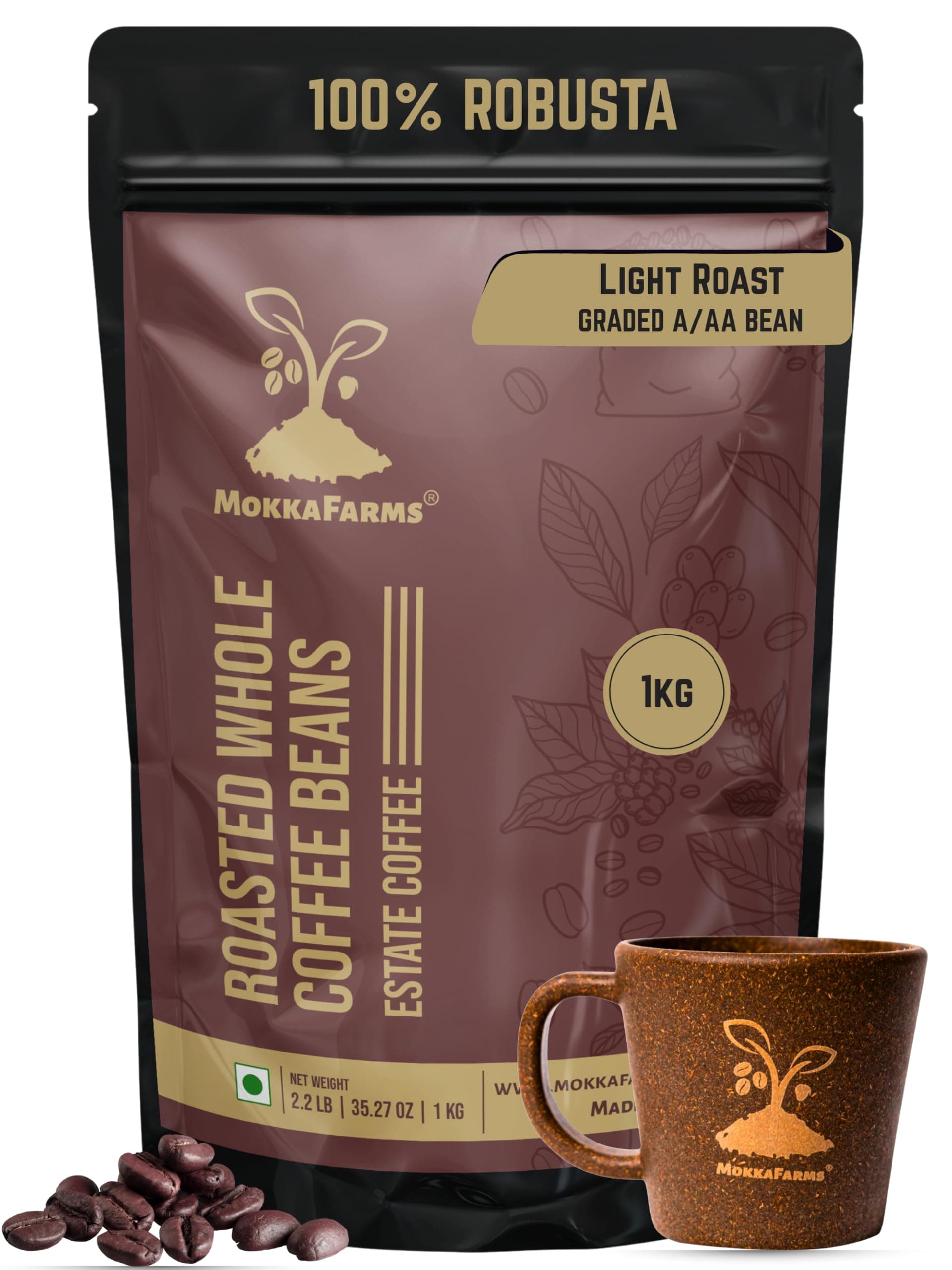MokkaFarms Roasted Whole Coffee Beans - 1kg | 100% Robusta | Light Roast, Sundried/Cherry, A/AA Grade | Freshly Roast Estate Coffee | Strong Flavor & Aroma | Farm to Fork Quality