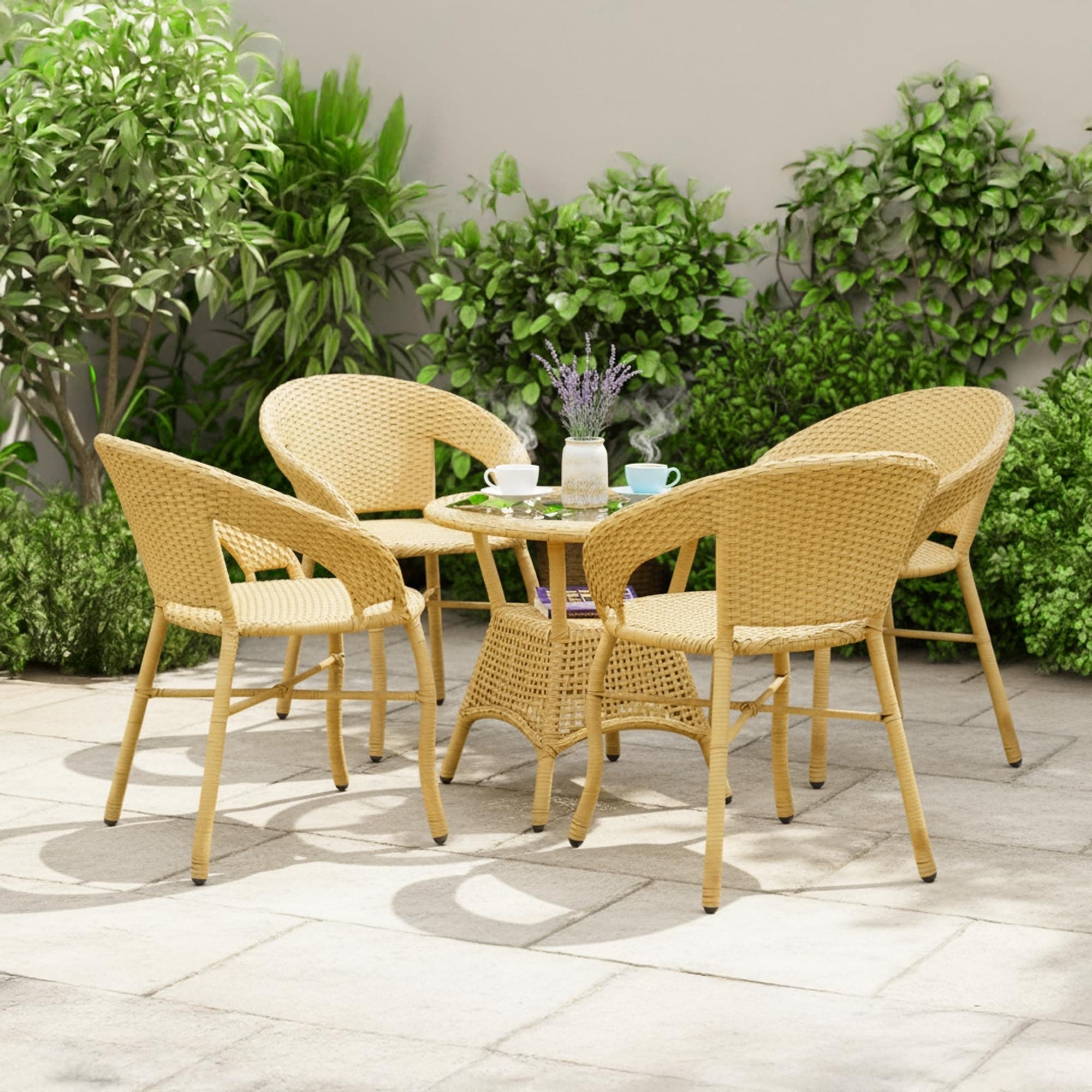 DEVOKO Aria 5-Piece Outdoor Rattan Wicker Patio Bistro Set for Garden, Backyard, Balcony, Porch, Poolside Furniture with Beige All-Weather Wicker and Glass Top Table
