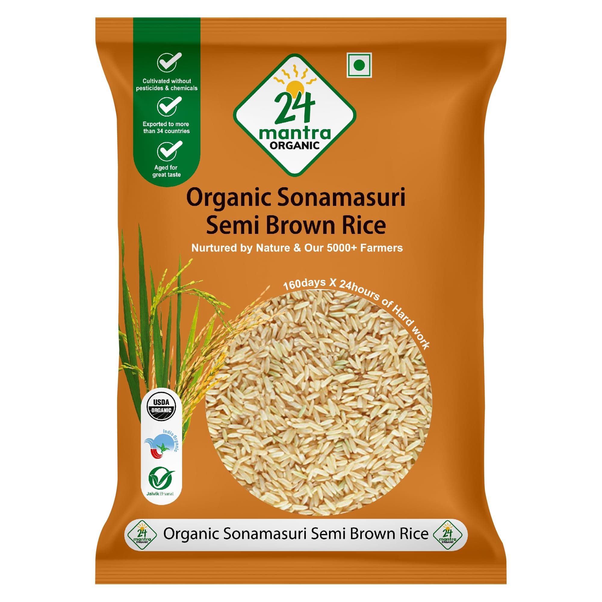 24 Mantra Organic Sonamasuri Unpolished Semi Brown Rice/Handpounded/Semi Brown Chawal- 5 Kg | 100% Organic | Chemical Free & Pesticides Free